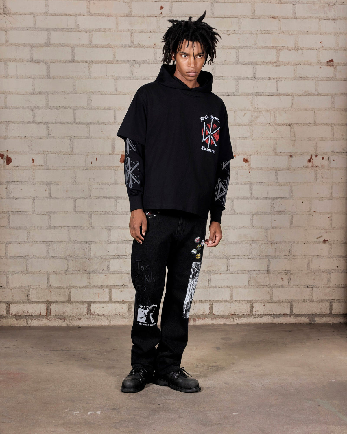 Pleasures Kennedys Layered Hoodie Black — black layered hoodie worn on model, Gallery Streetwear Canada
