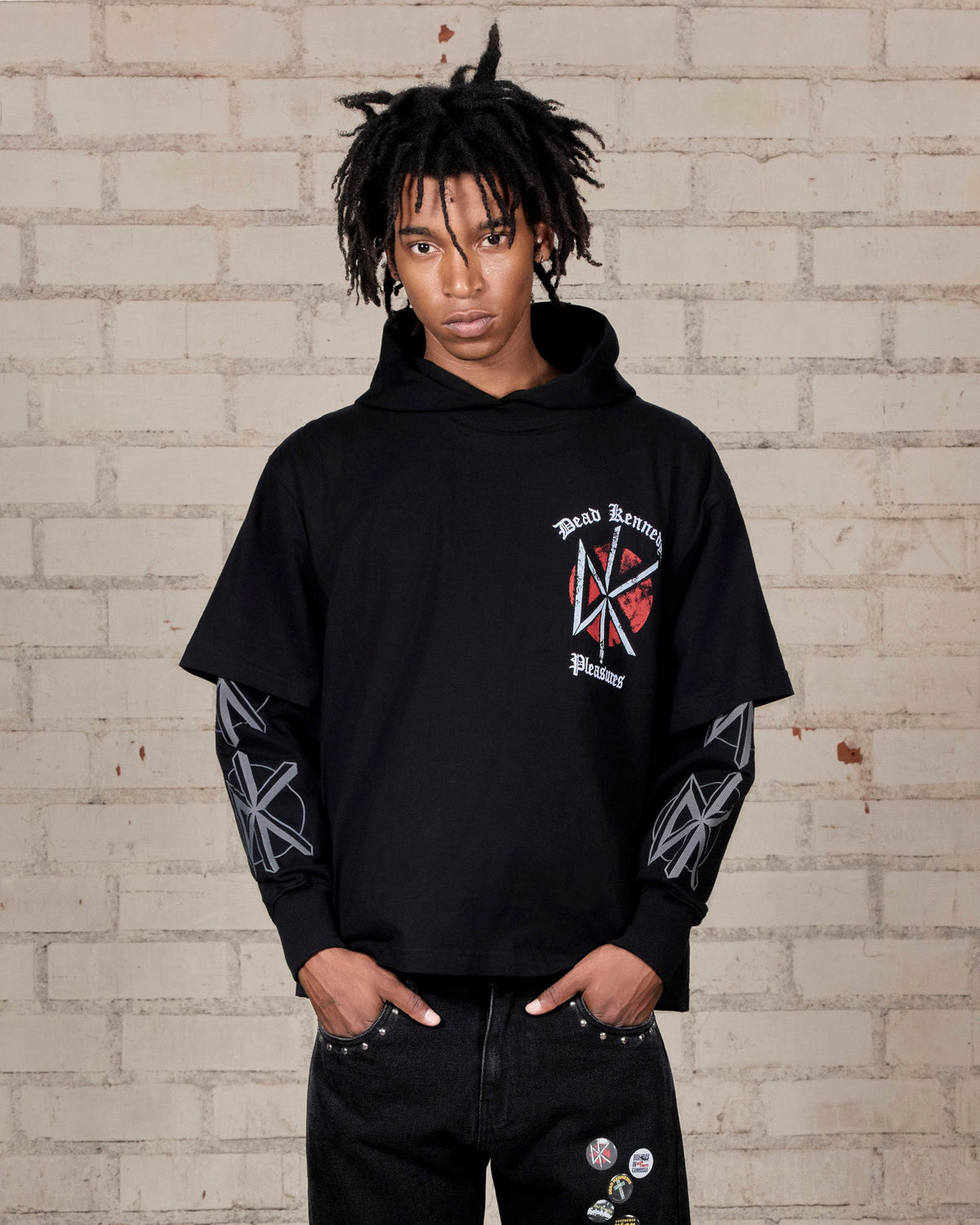 Pleasures Kennedys Layered Hoodie Black — black layered hoodie worn on model, Gallery Streetwear Canada