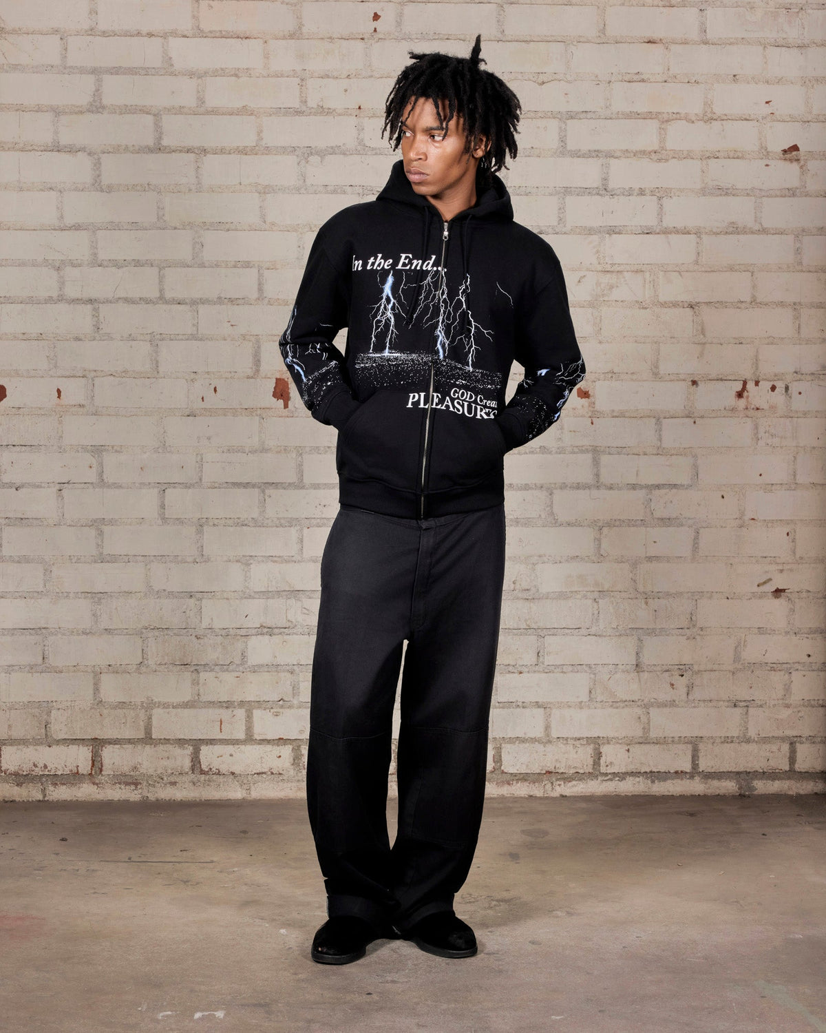 Pleasures End Times Zip Hoodie Black — black zip hoodie worn on model, Gallery Streetwear Canada