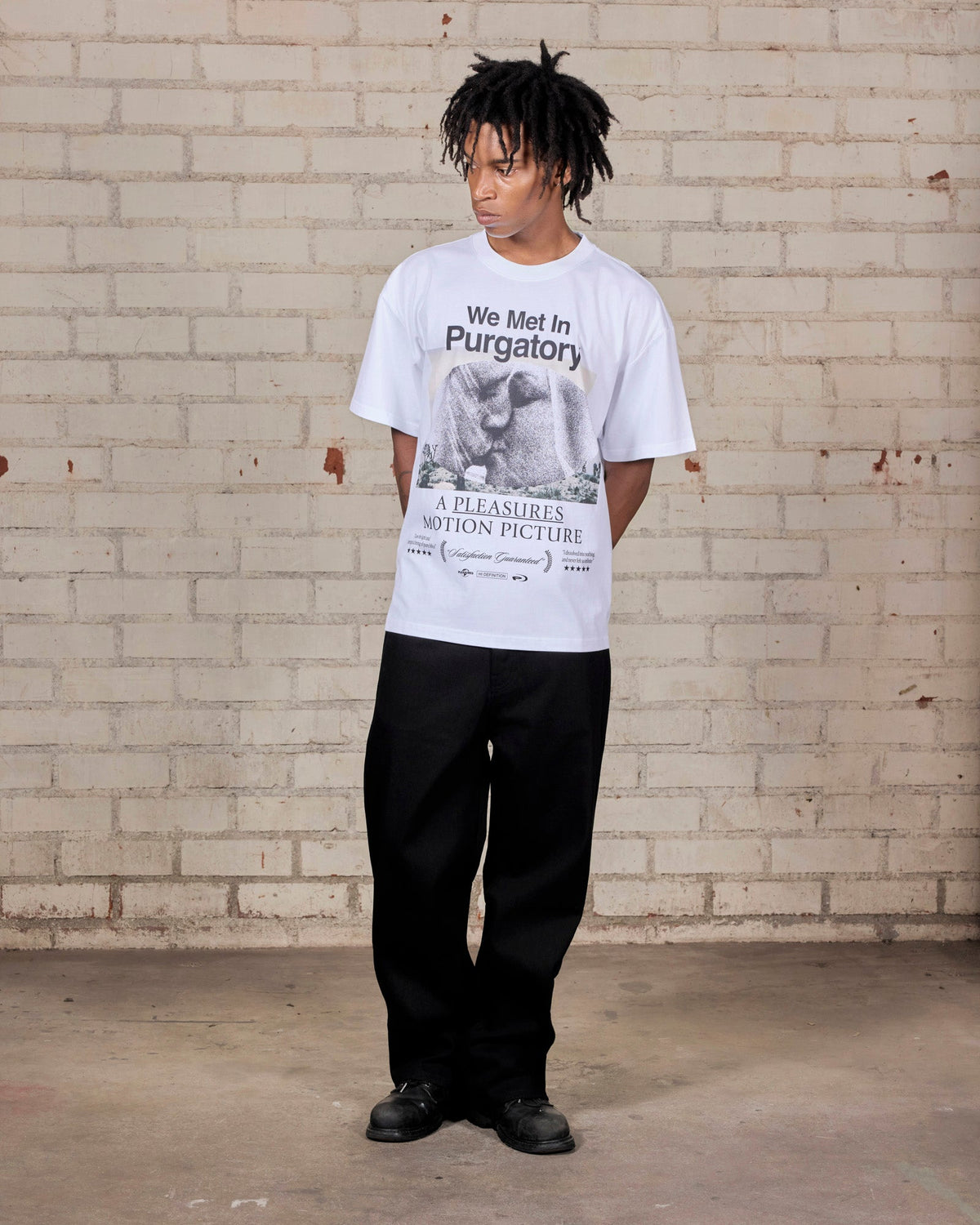 Pleasures Devotion T-Shirt White — white cotton t-shirt worn on model, Gallery Streetwear Canada