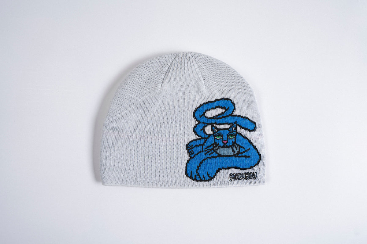Corduroy Blue Cat Beanie by Jamie Lynn in White