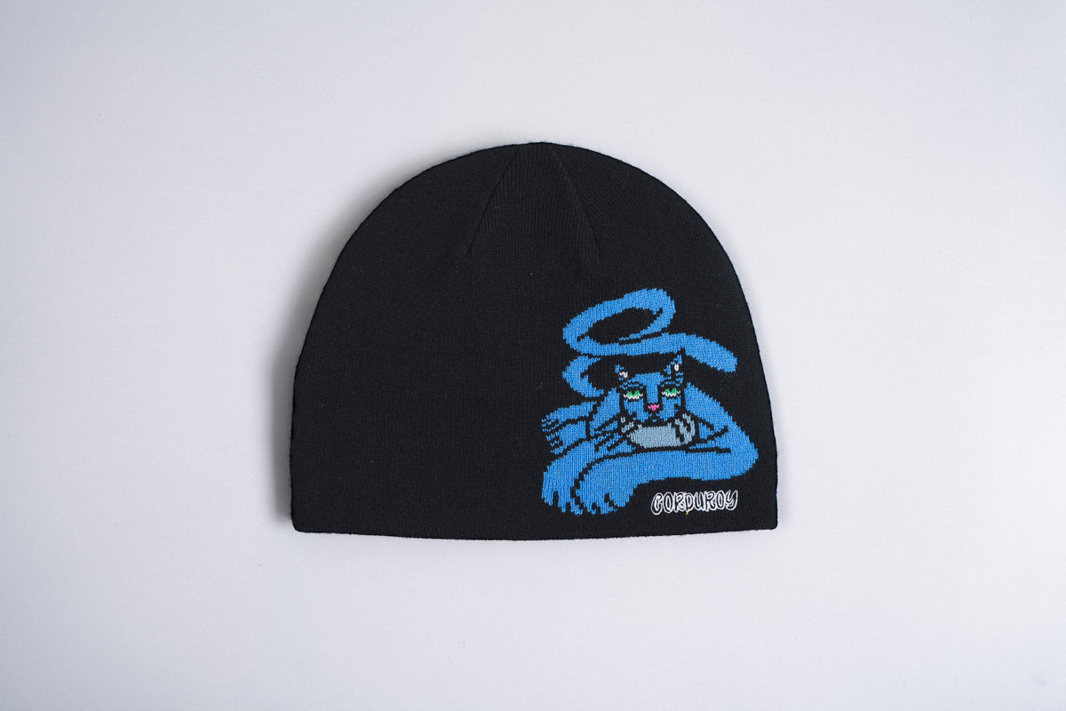 Corduroy Blue Cat Beanie by Jamie Lynn in Black
