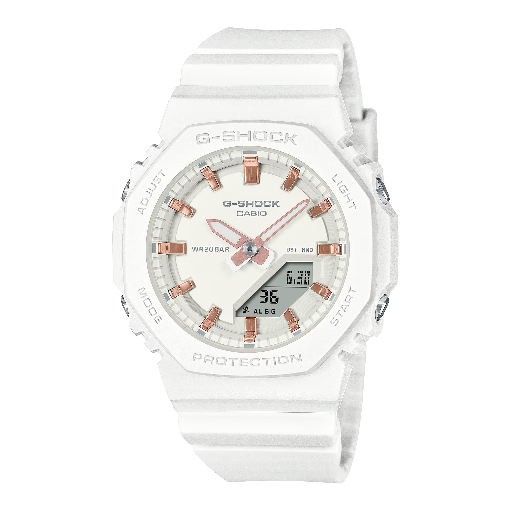 Casio G-Shock GMA-P2100M-7A – Compact White Analog-Digital with Pink Gold Accents
