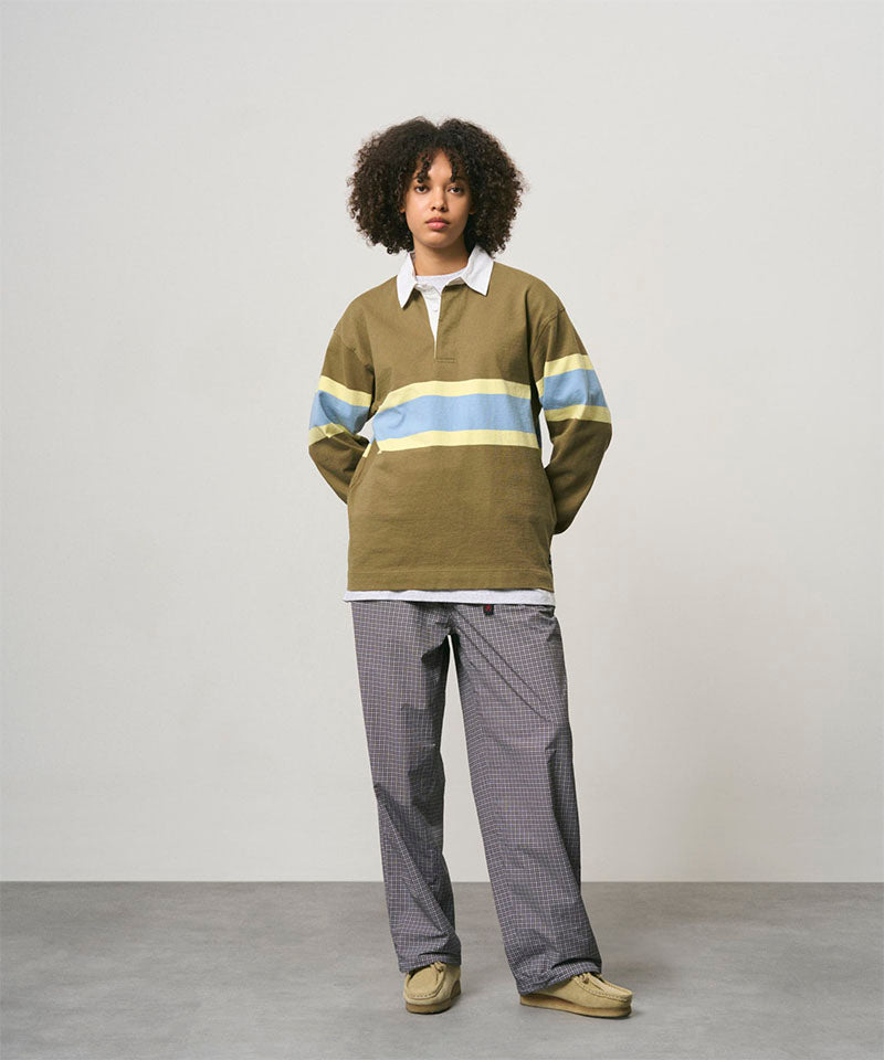 Gramicci Langdon Rugby Shirt in Winter Olive, on model