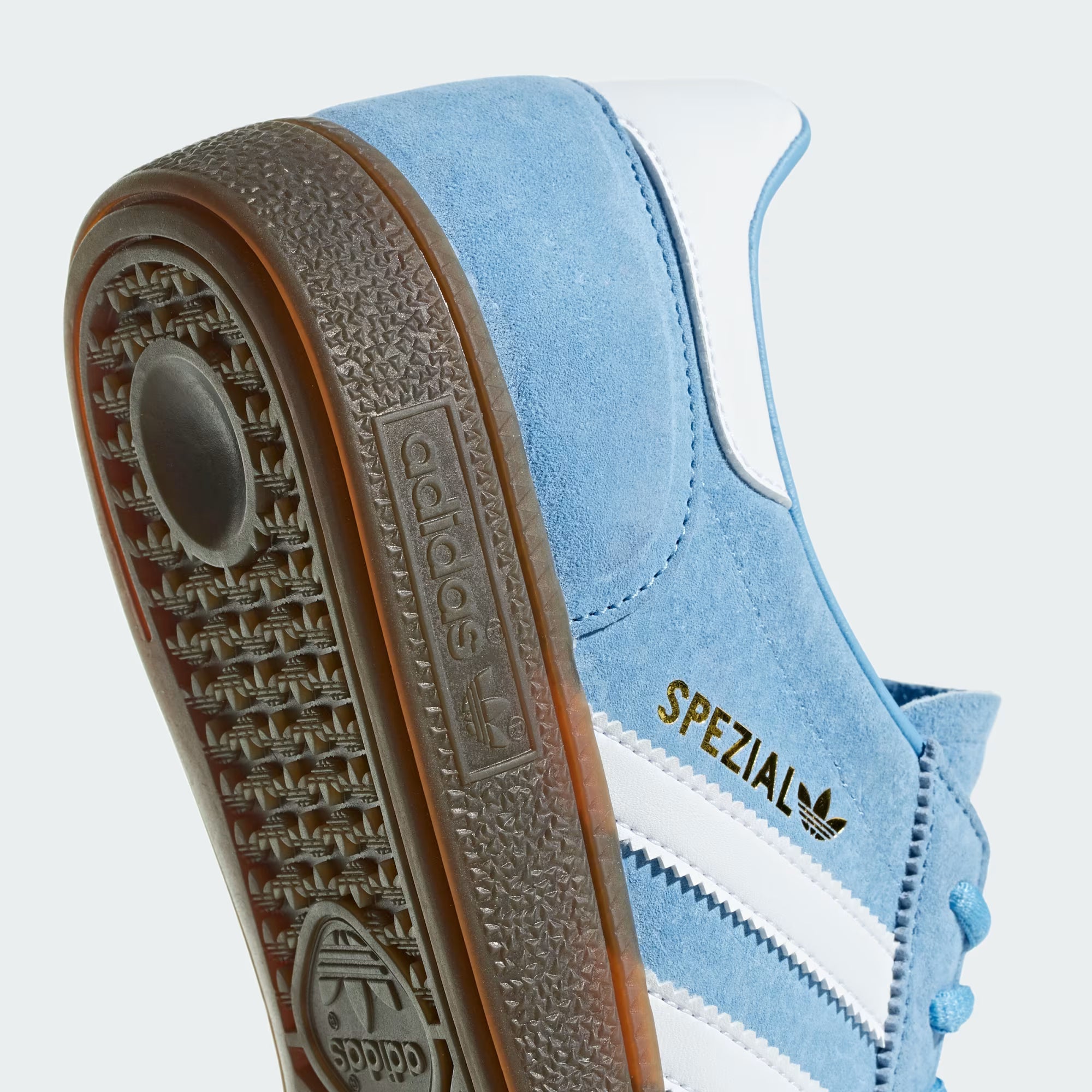 Adidas Handball Spezial — Light Blue / Cloud White heel detail on shoes
