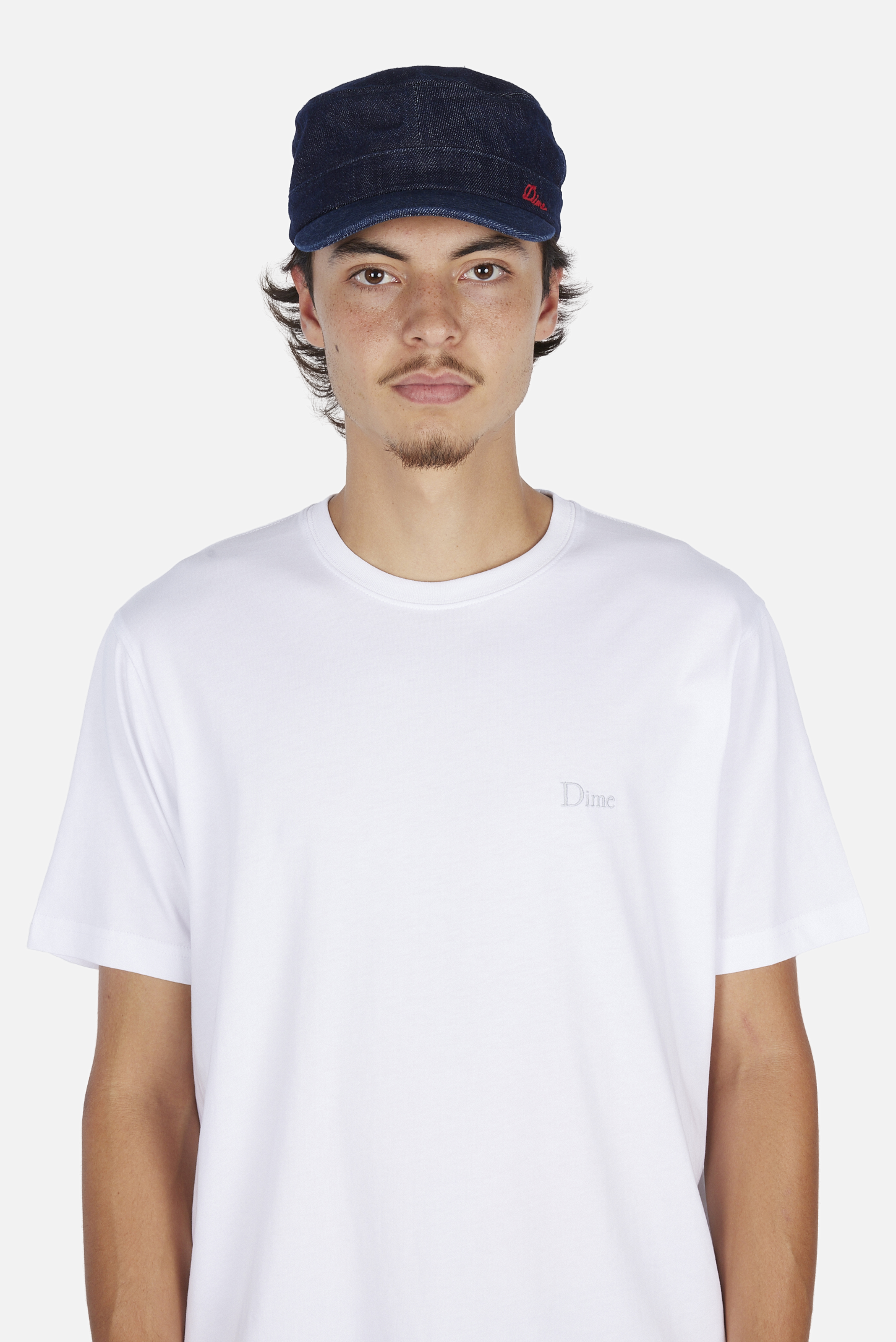 Dime MTL Denim Painter Cap Indigo — worn by model