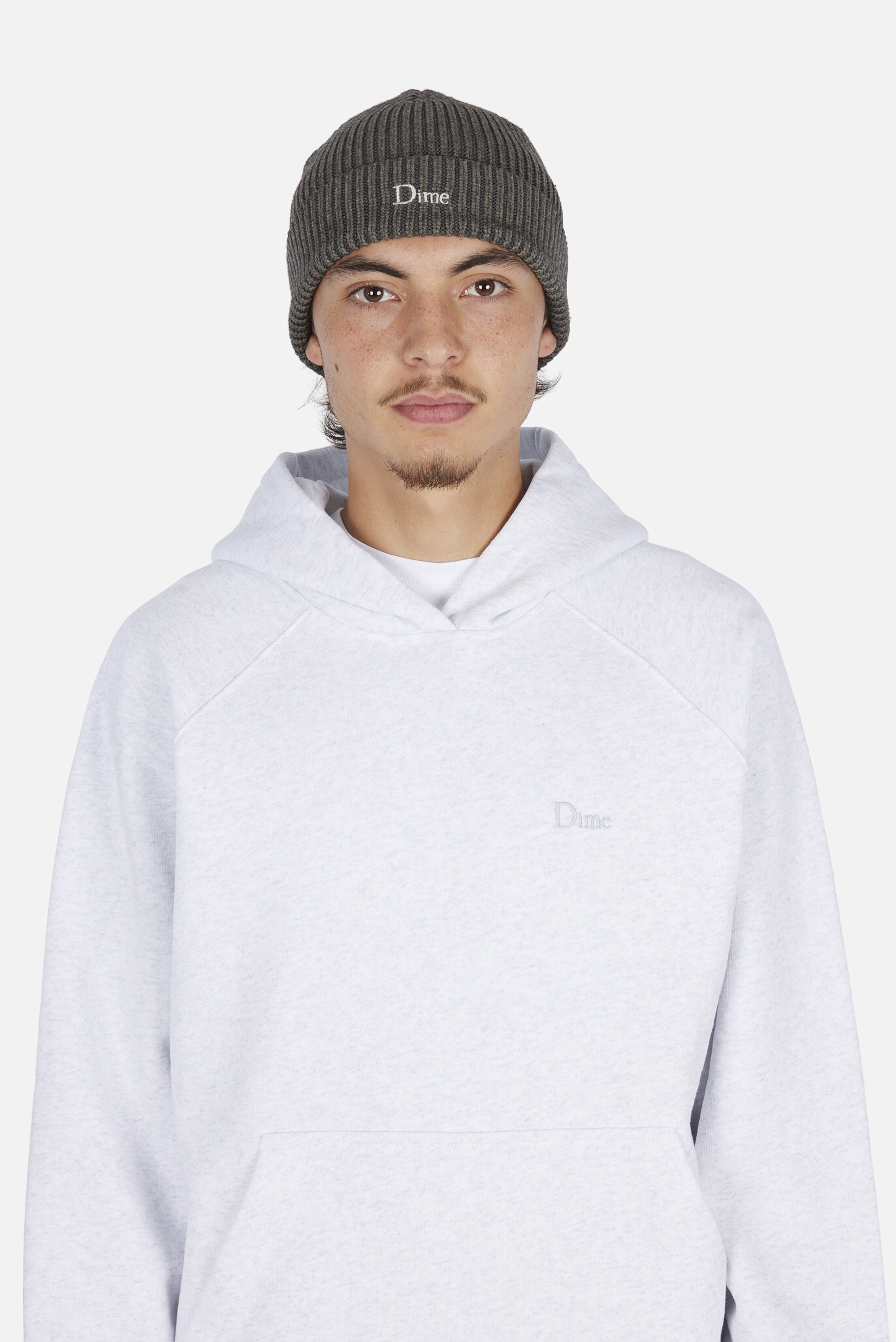 Dime MTL Rib Fold Beanie Dark Gray — worn by model