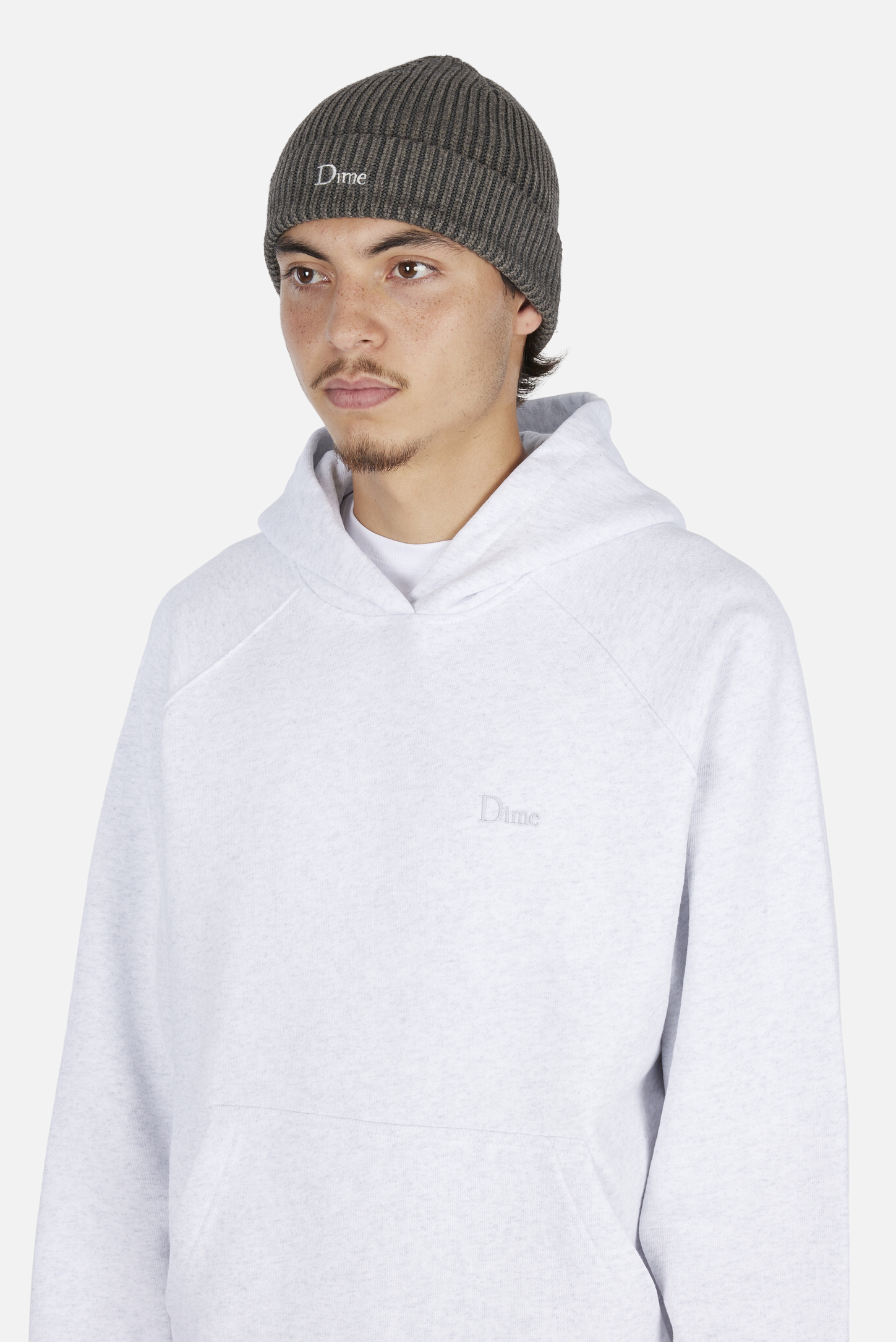 Dime MTL Rib Fold Beanie Dark Gray — worn by model
