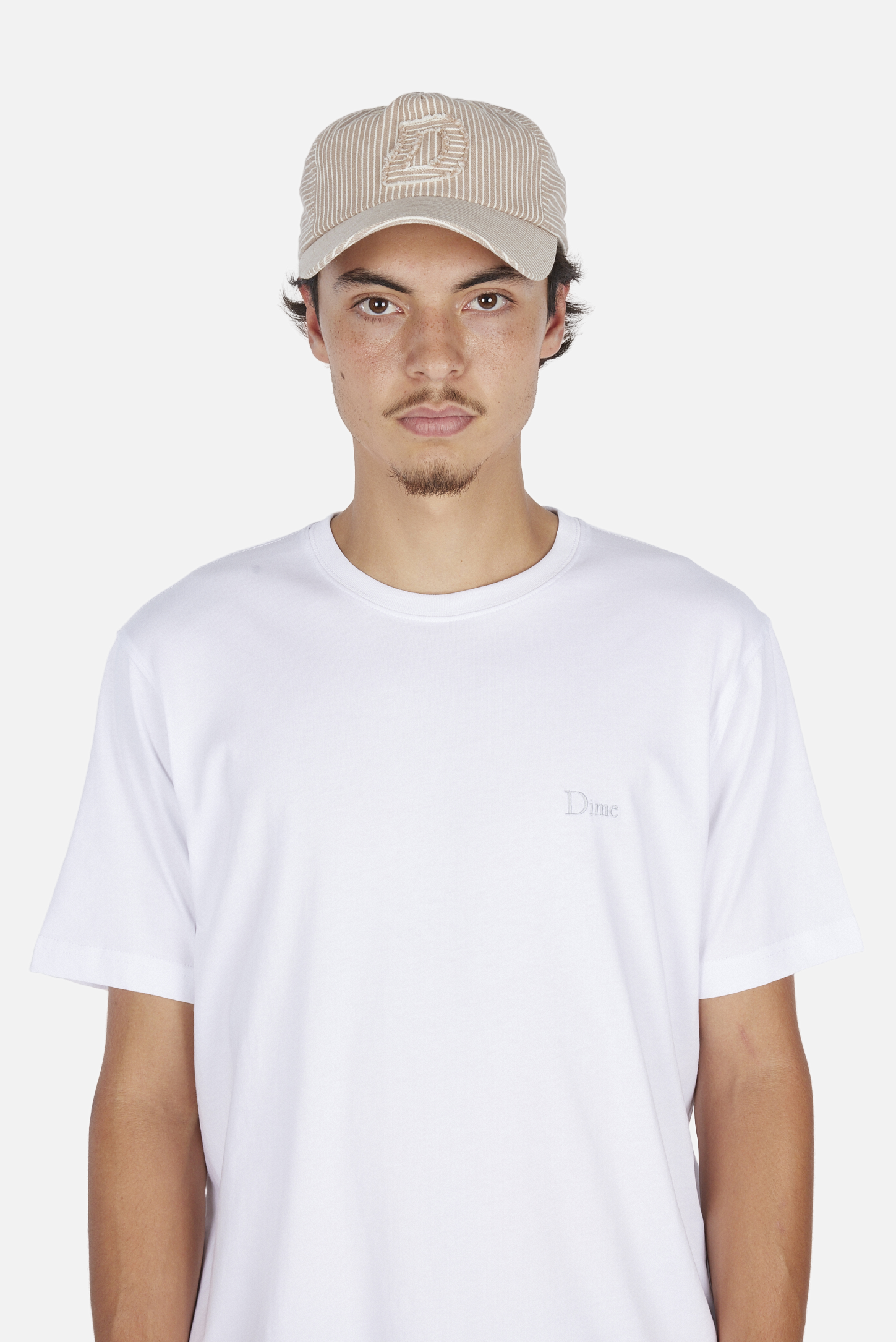 Dime MTL Striped Worker Cap Camel — worn by model