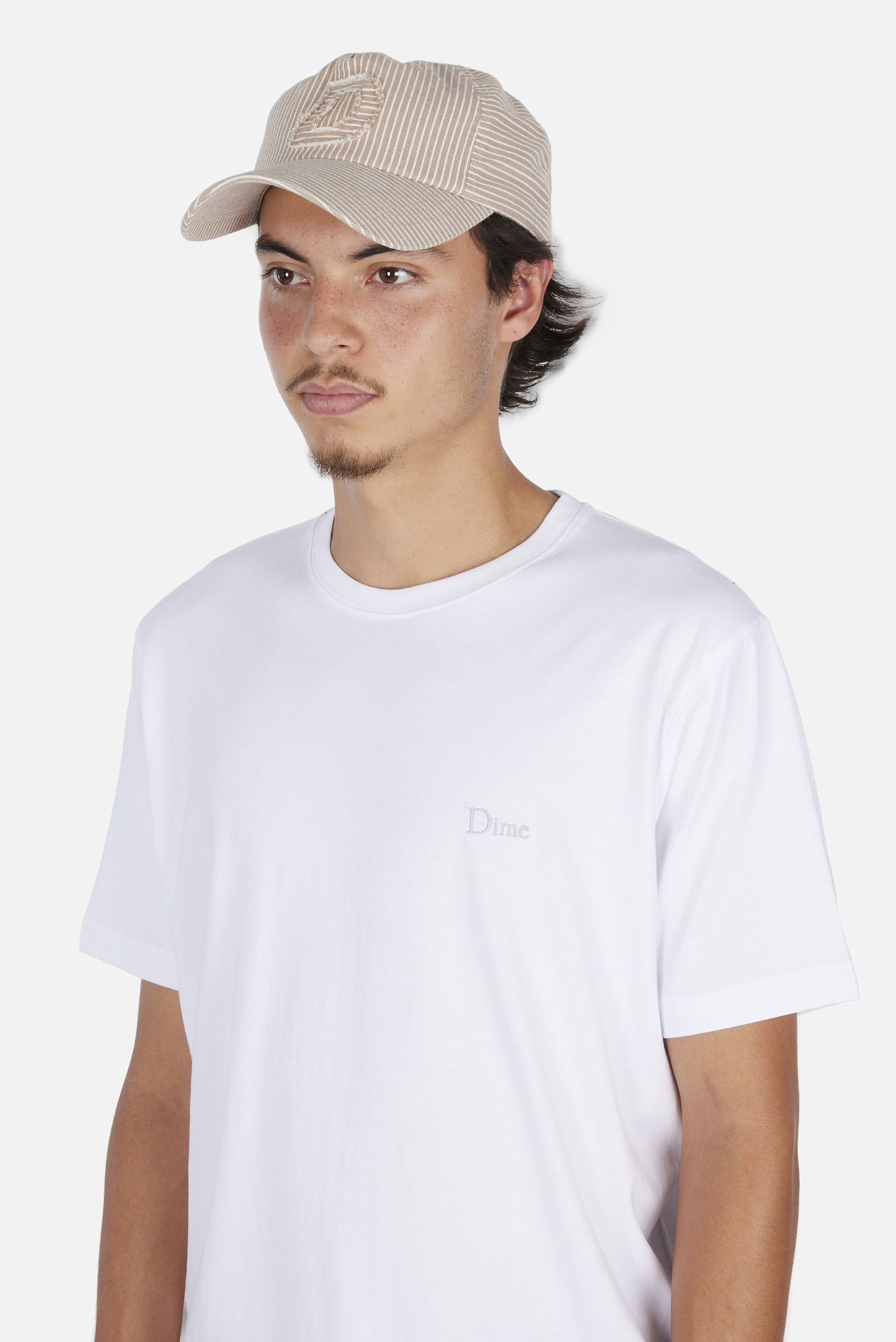 Dime MTL Striped Worker Cap Camel — worn by model