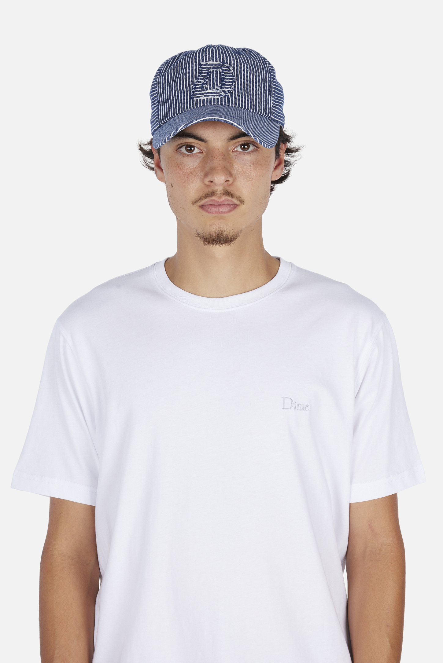Dime MTL Striped Worker Cap Navy — worn by model