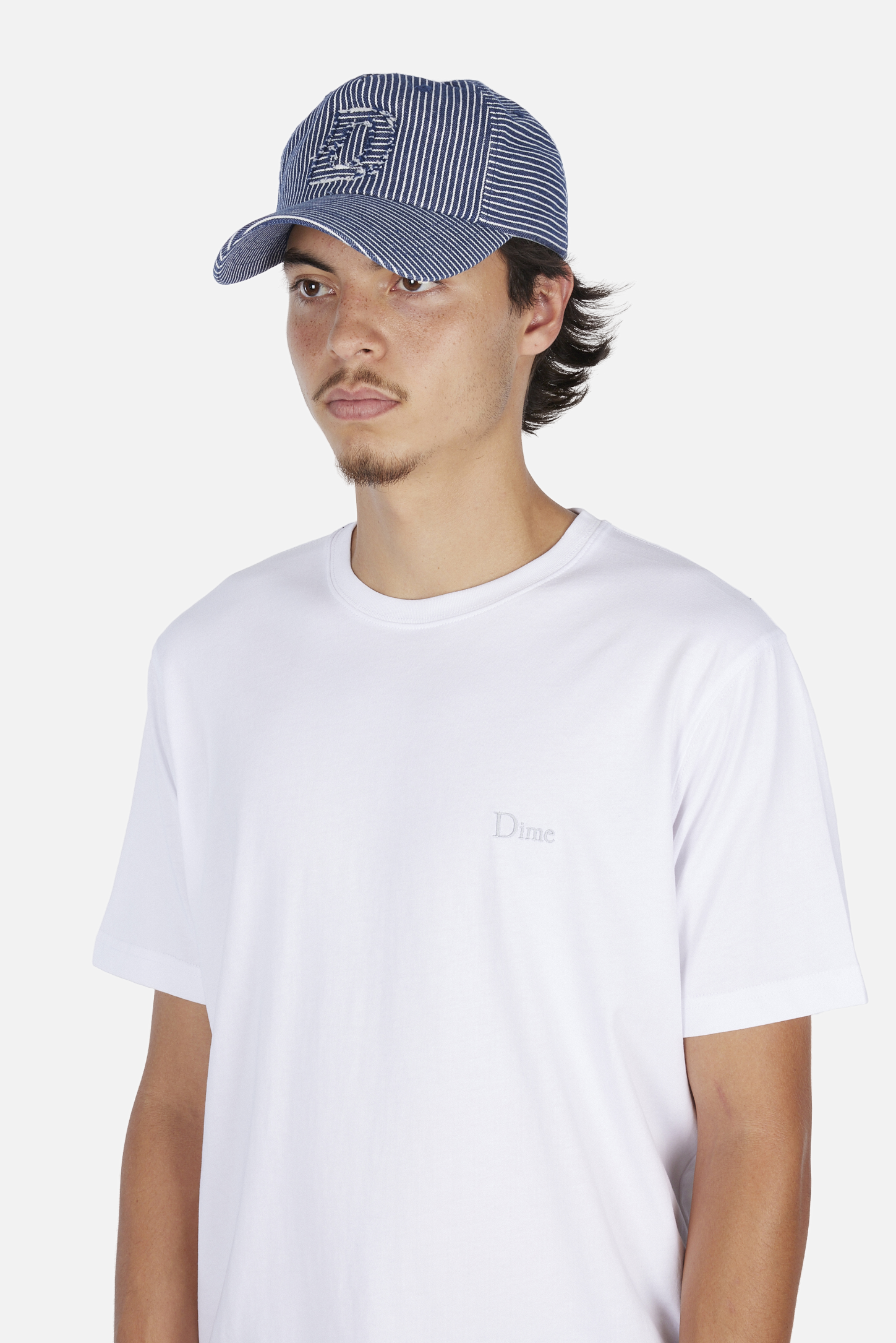 Dime MTL Striped Worker Cap Navy — worn by model