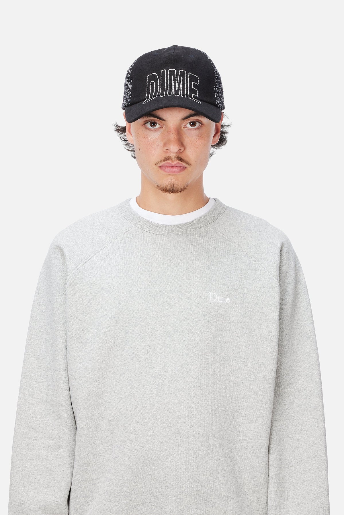 Dime MTL Allover Stitch Worker Cap Black — worn by model