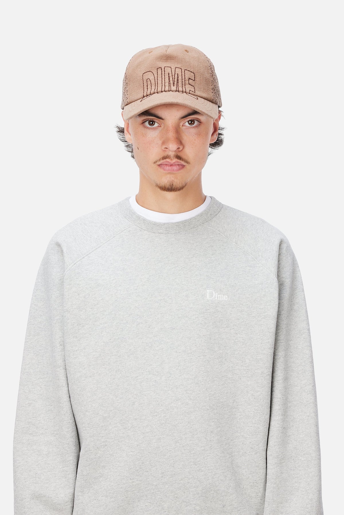 Dime MTL Allover Stitch Worker Cap Tan — worn by model