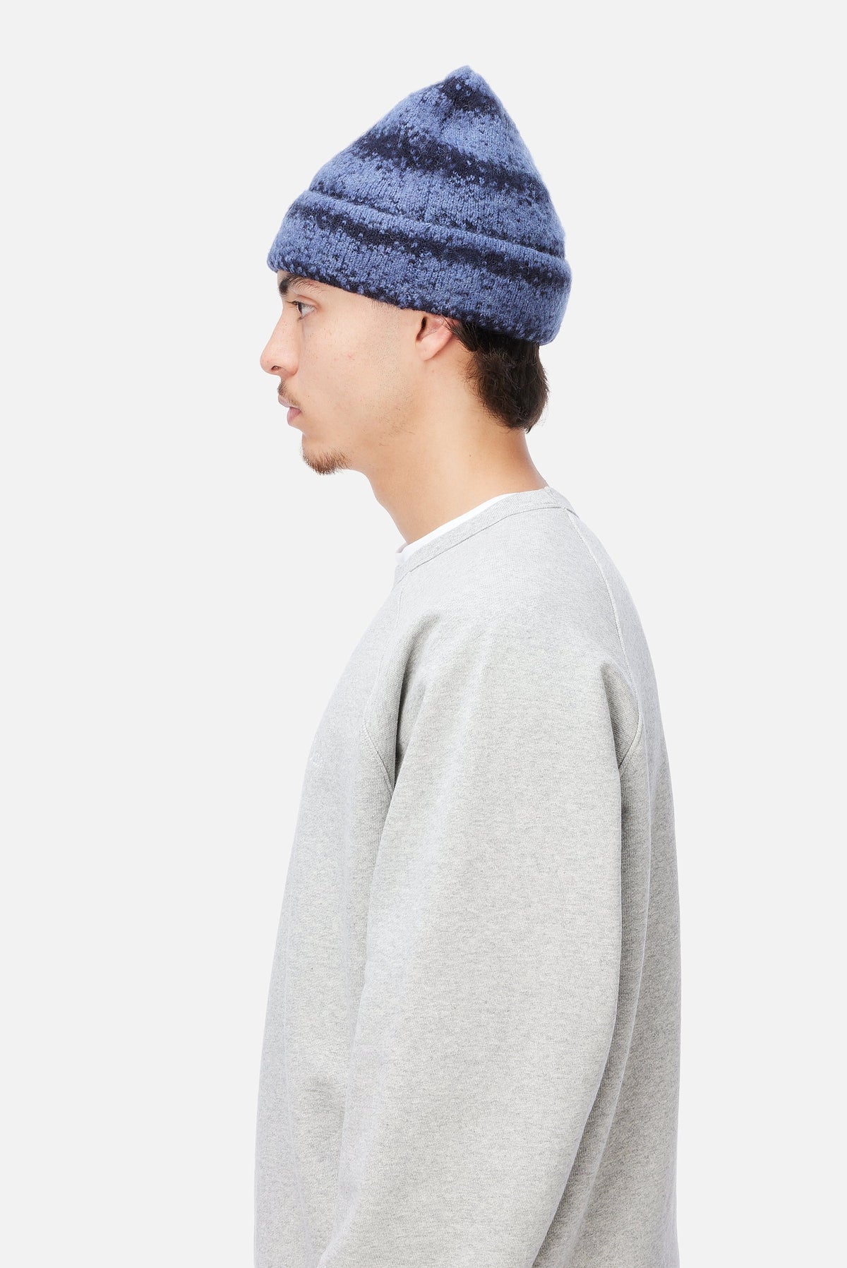 Dime MTL Mohair Striped Beanie Blue — worn by model