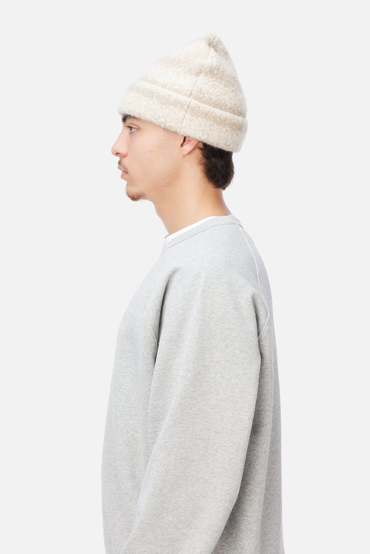 Dime MTL Mohair Striped Beanie Cream — worn by model