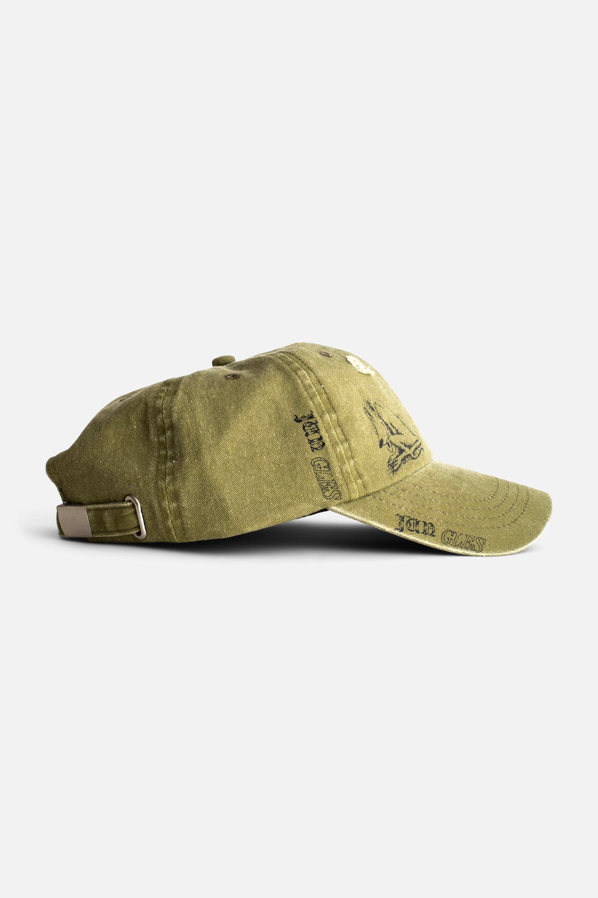 Jungles Jungles Sketches Cap green, side view showing washed distressed cotton