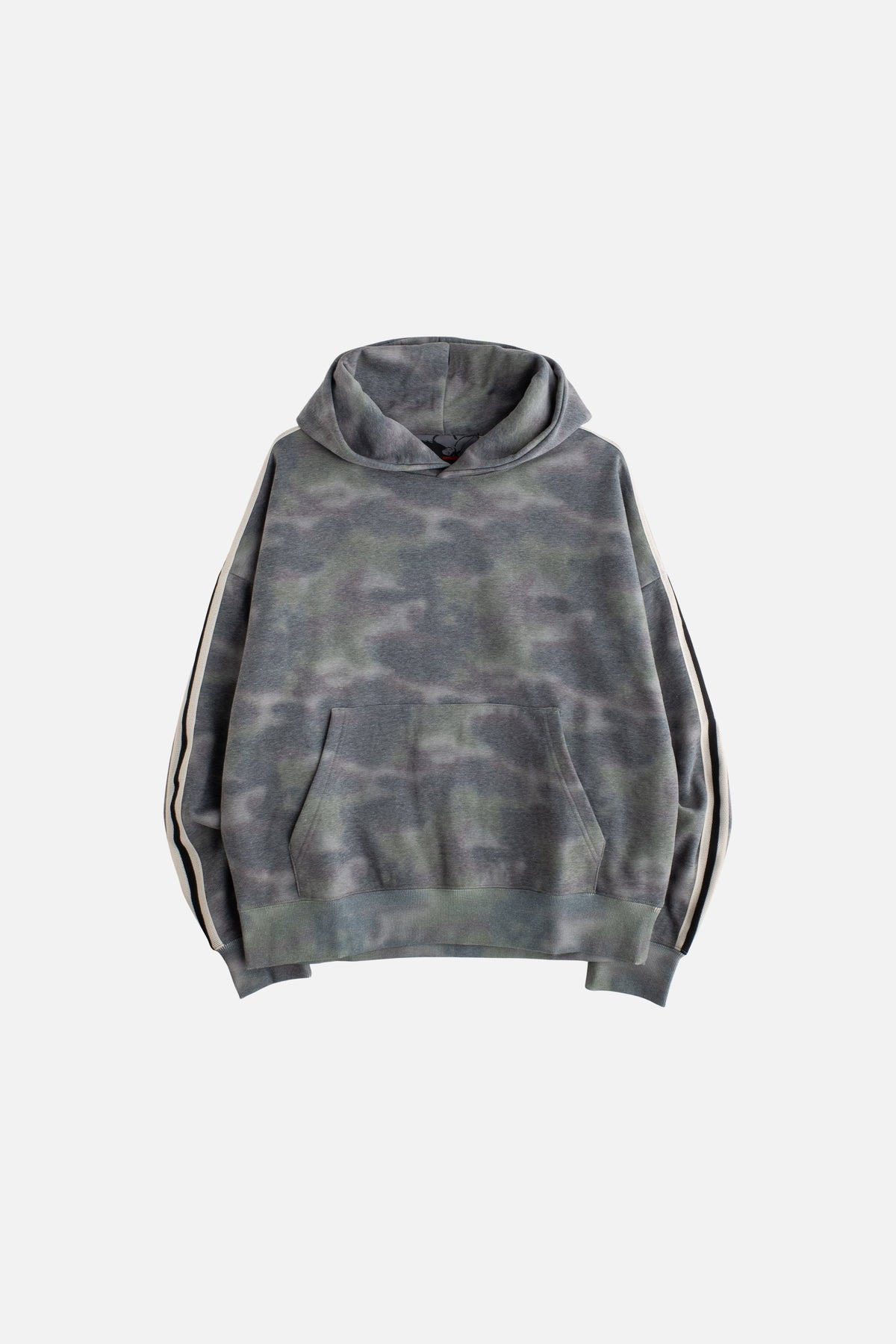 Jungles Jungles Airbrush Camo Hoodie in camo, front view with woven sleeve taping