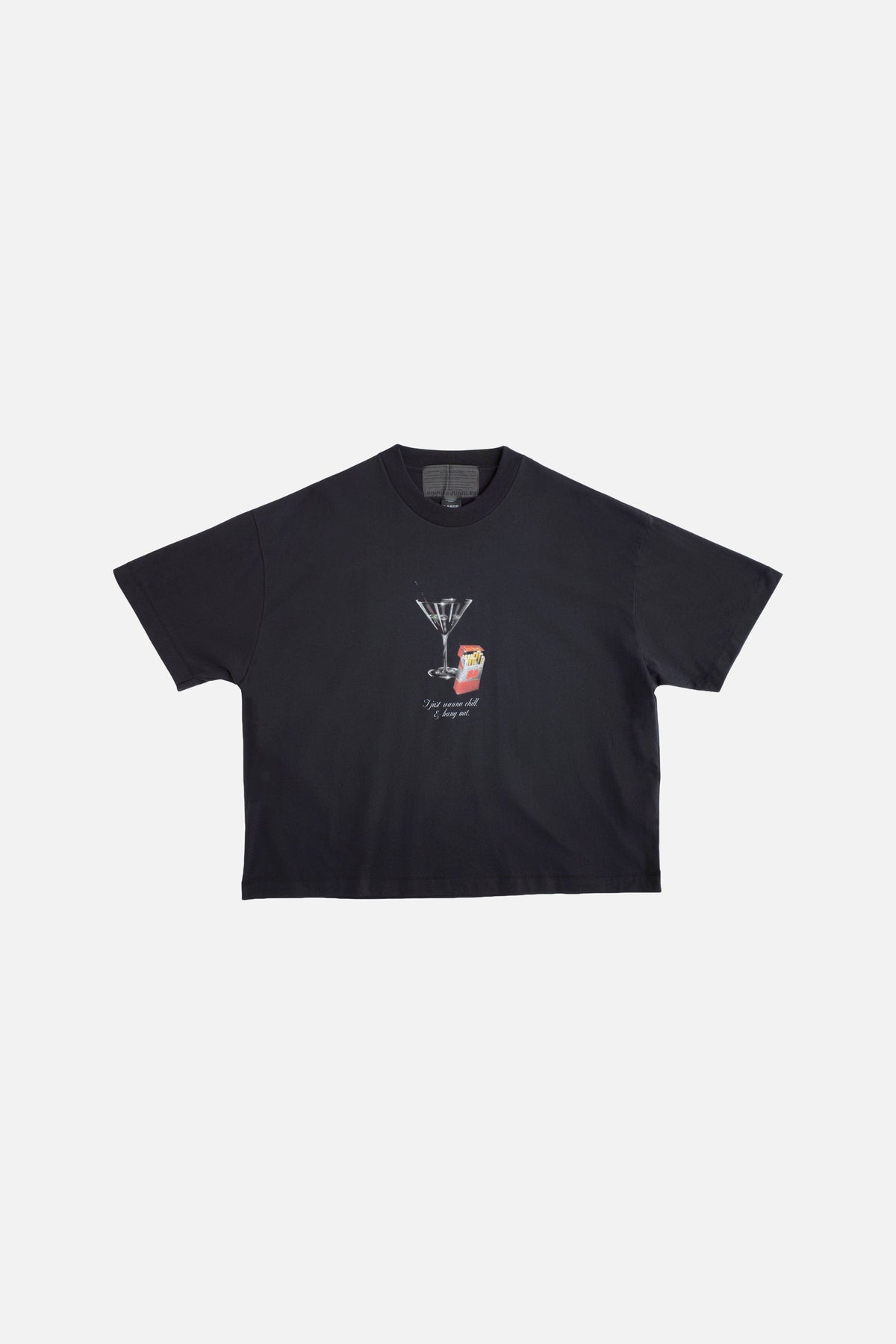 Jungles Jungles Double Happiness Tee in black, front view with airbrush martini artwork