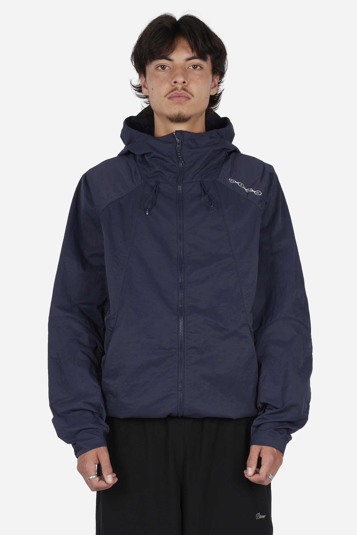 Dime MTL Crinkled Tech Windbreaker Dark Navy — worn by model