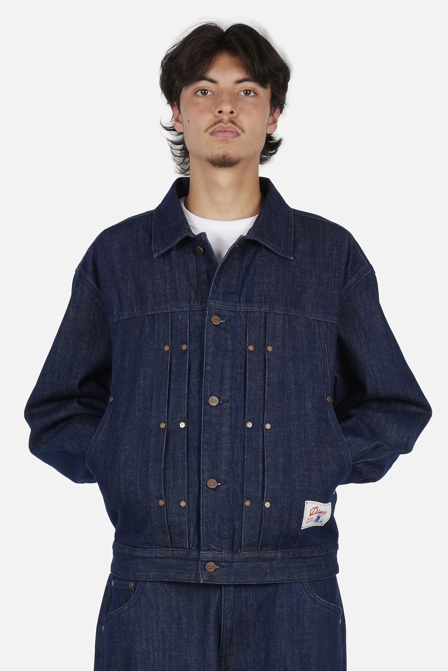 Dime MTL Pleated Denim Jacket Indigo — worn by model