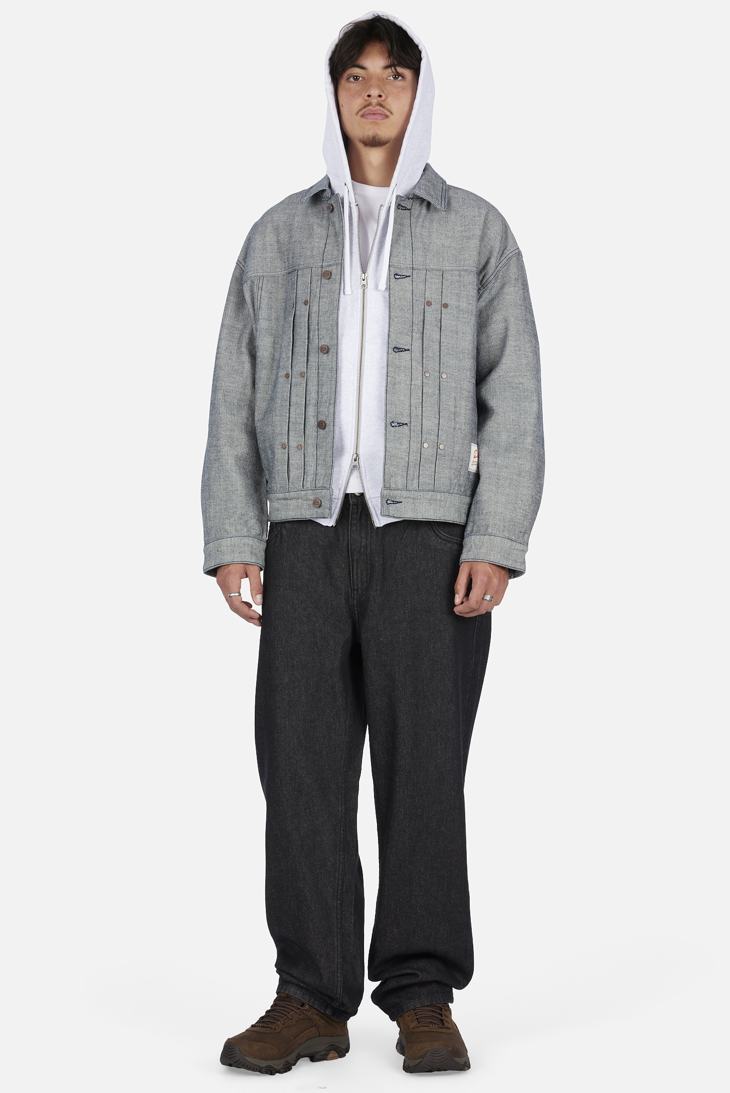 Dime MTL Pleated Denim Jacket Reversed Indigo — worn by model