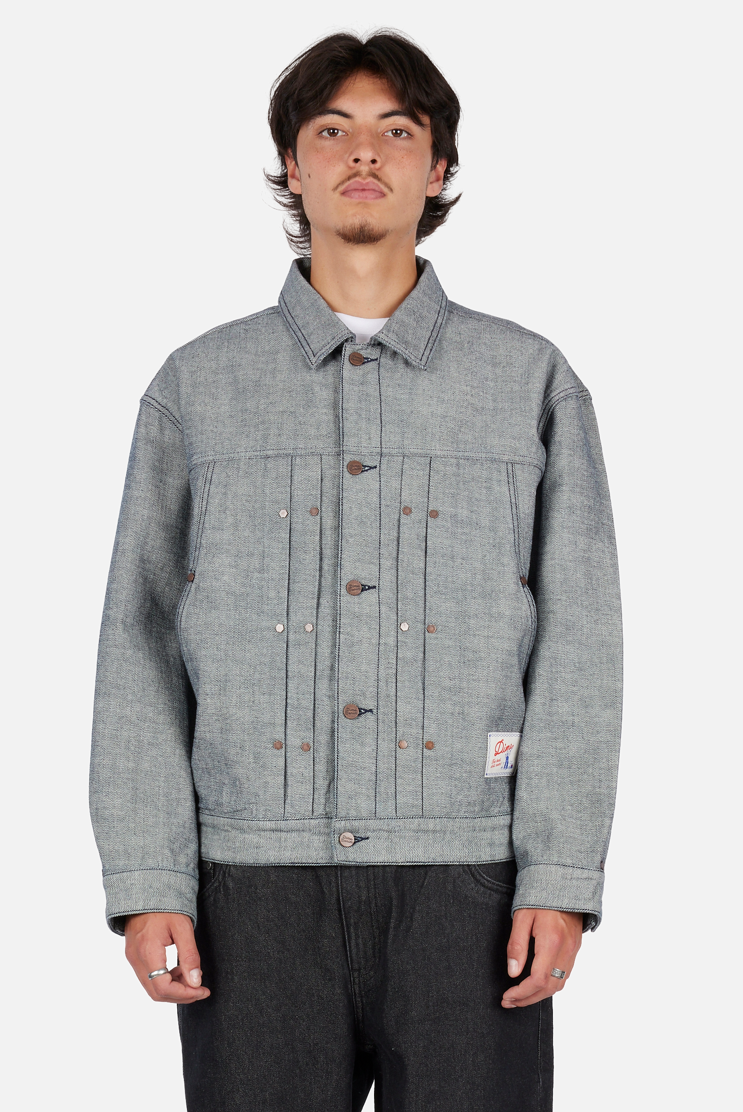 Dime MTL Pleated Denim Jacket Reversed Indigo — worn by model