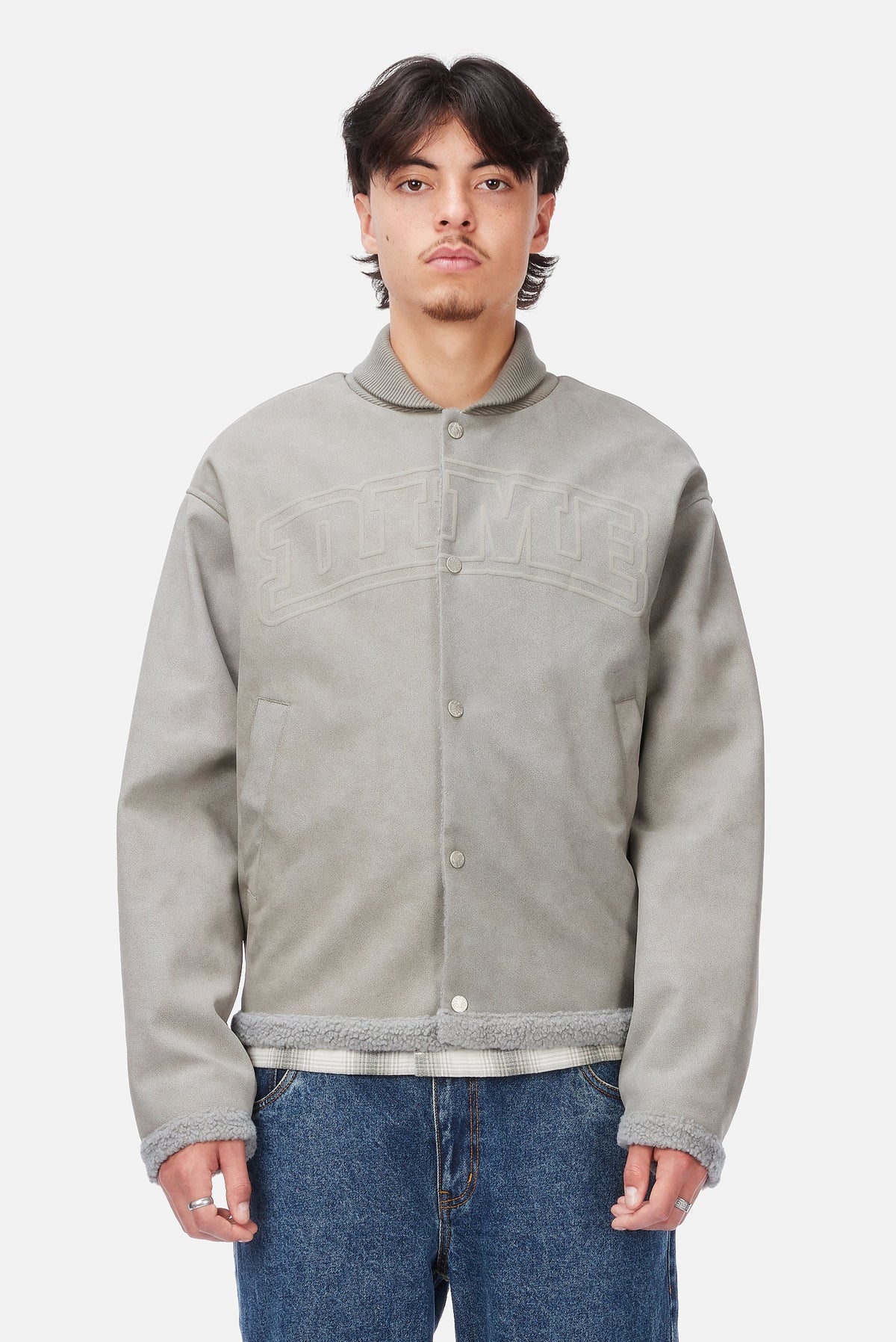 Dime MTL Faux Suede Varsity Jacket Gray — worn by model