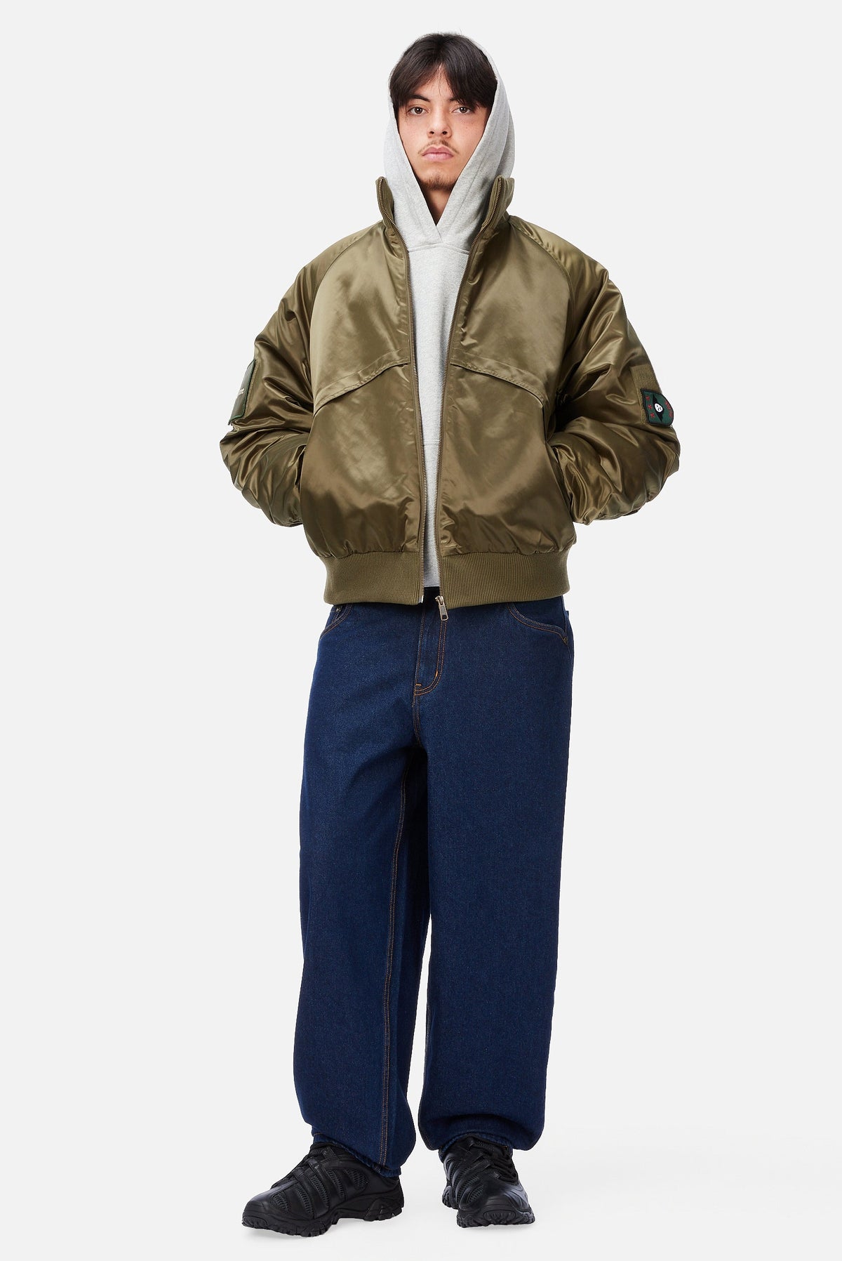 Dime MTL Utility Bomber Jacket Olive — worn by model