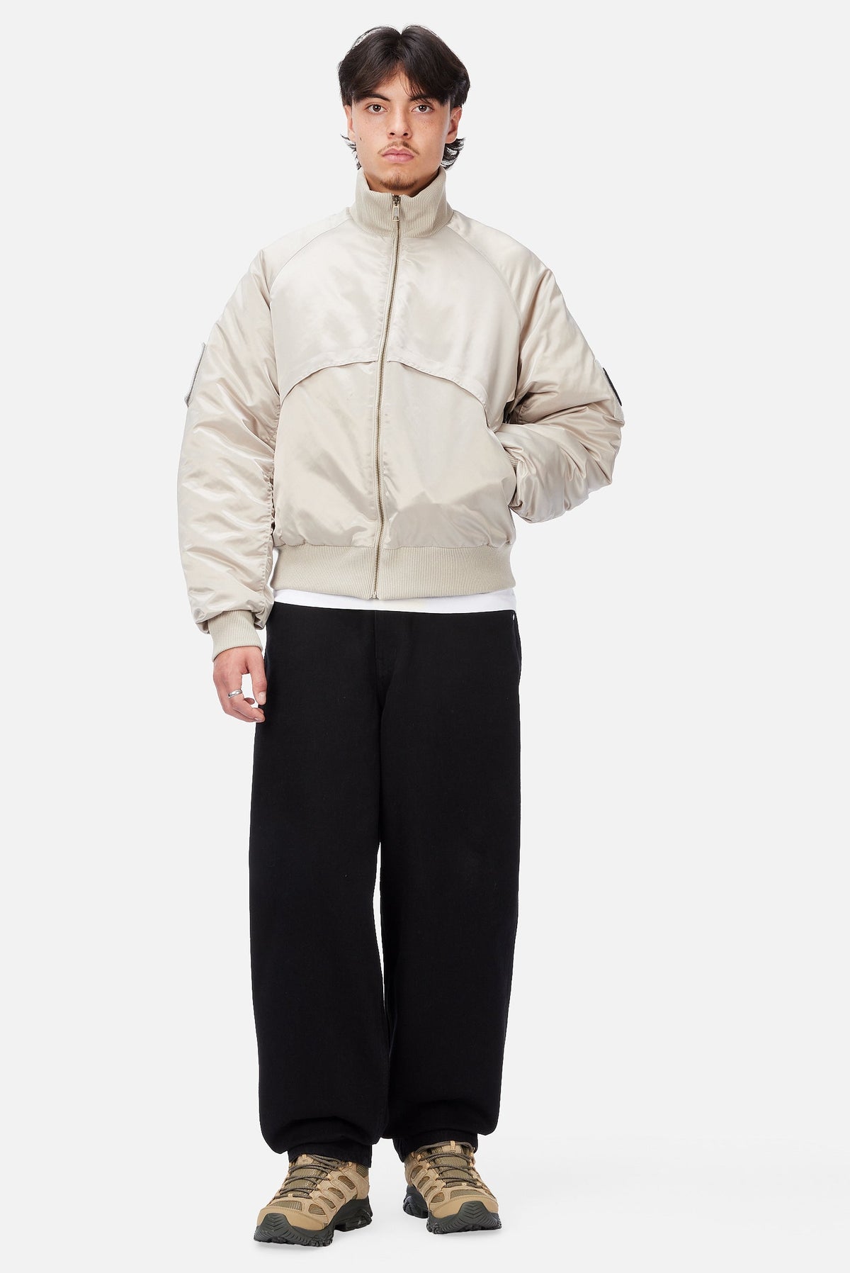 Dime MTL Utility Bomber Jacket Pearl — worn by model