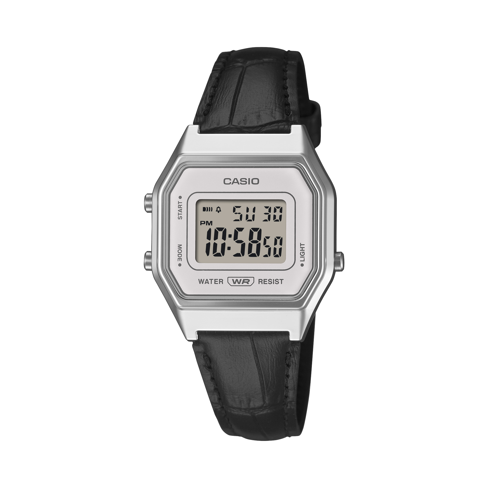 Casio LA680WEL-1 compact retro digital watch with black leather strap, front view