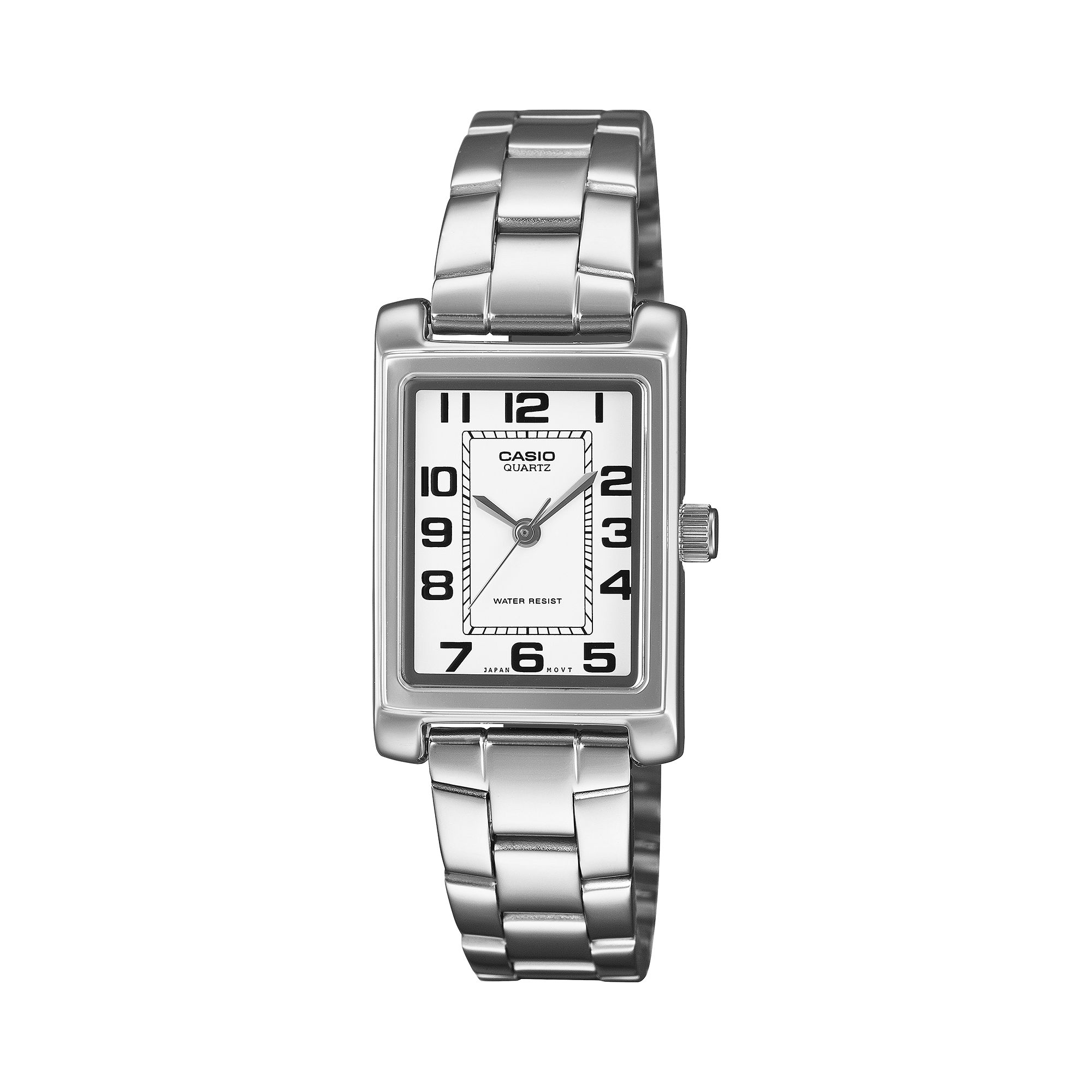 Casio LTP-1234PDC-7B slim rectangular analog watch with stainless steel bracelet and white dial, front view