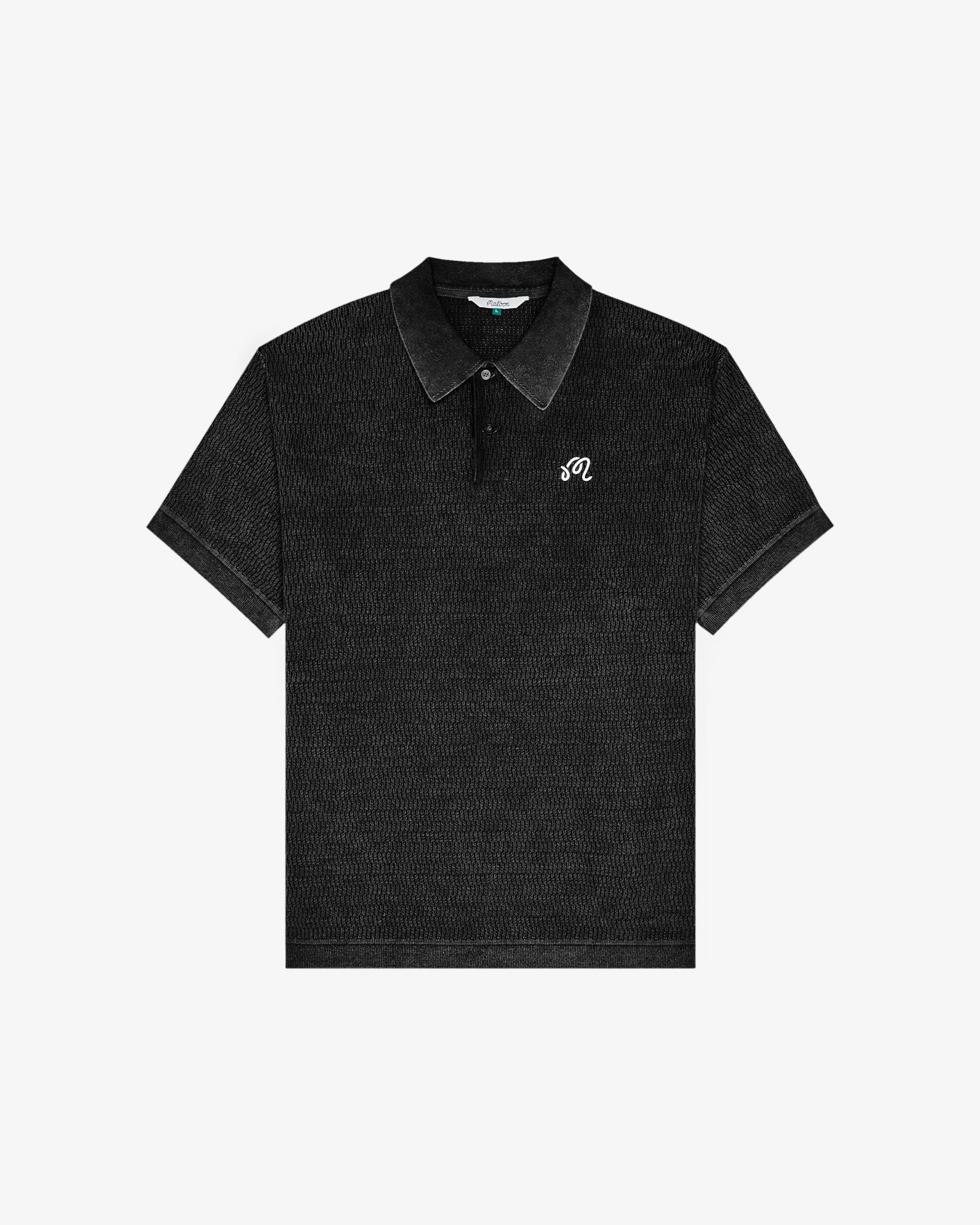 Malbon Golf Brickwork Polo in black, front view — open-knit cotton golf polo, Gallery Streetwear Canada