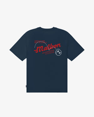 Malbon Golf Vista Demand Tee in blueberry, front view — Ironworks Division graphic golf tee