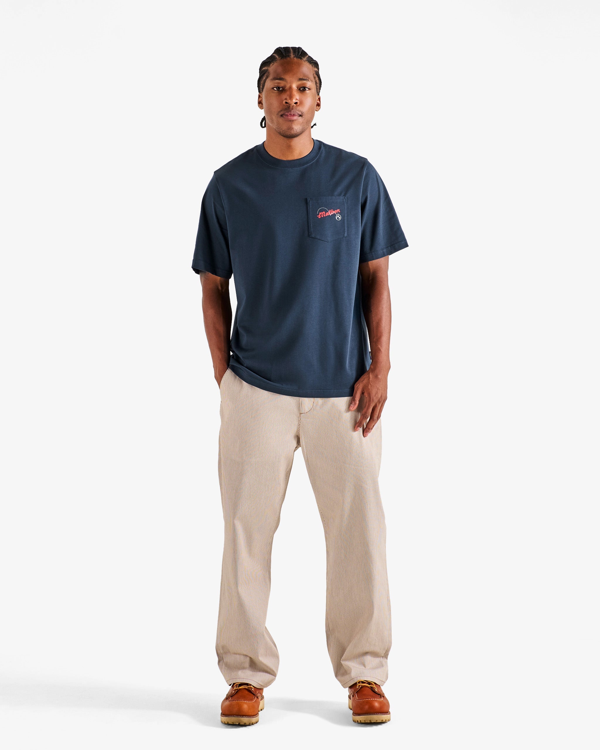 Malbon Golf Vista Demand Tee blueberry worn on model — mens graphic golf tee, Gallery Streetwear Kelowna