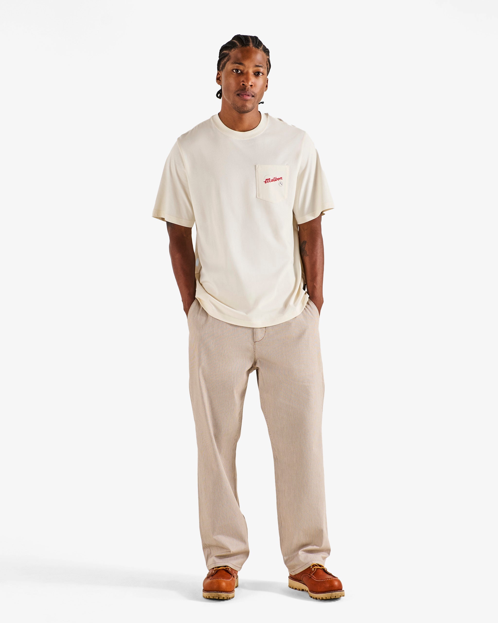 Malbon Golf Vista Demand Tee ivory worn on model — mens graphic golf tee, Gallery Streetwear Kelowna