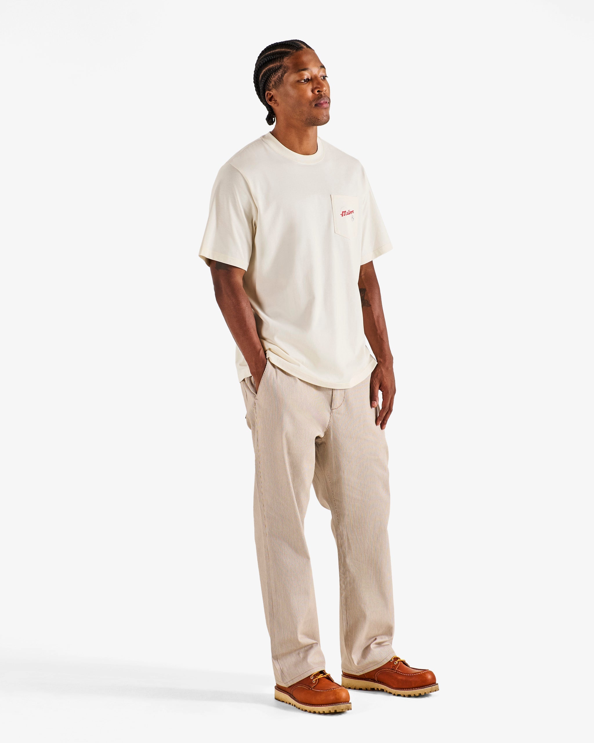 Malbon Golf Vista Demand Tee ivory — red Demand the Best in World script print detail