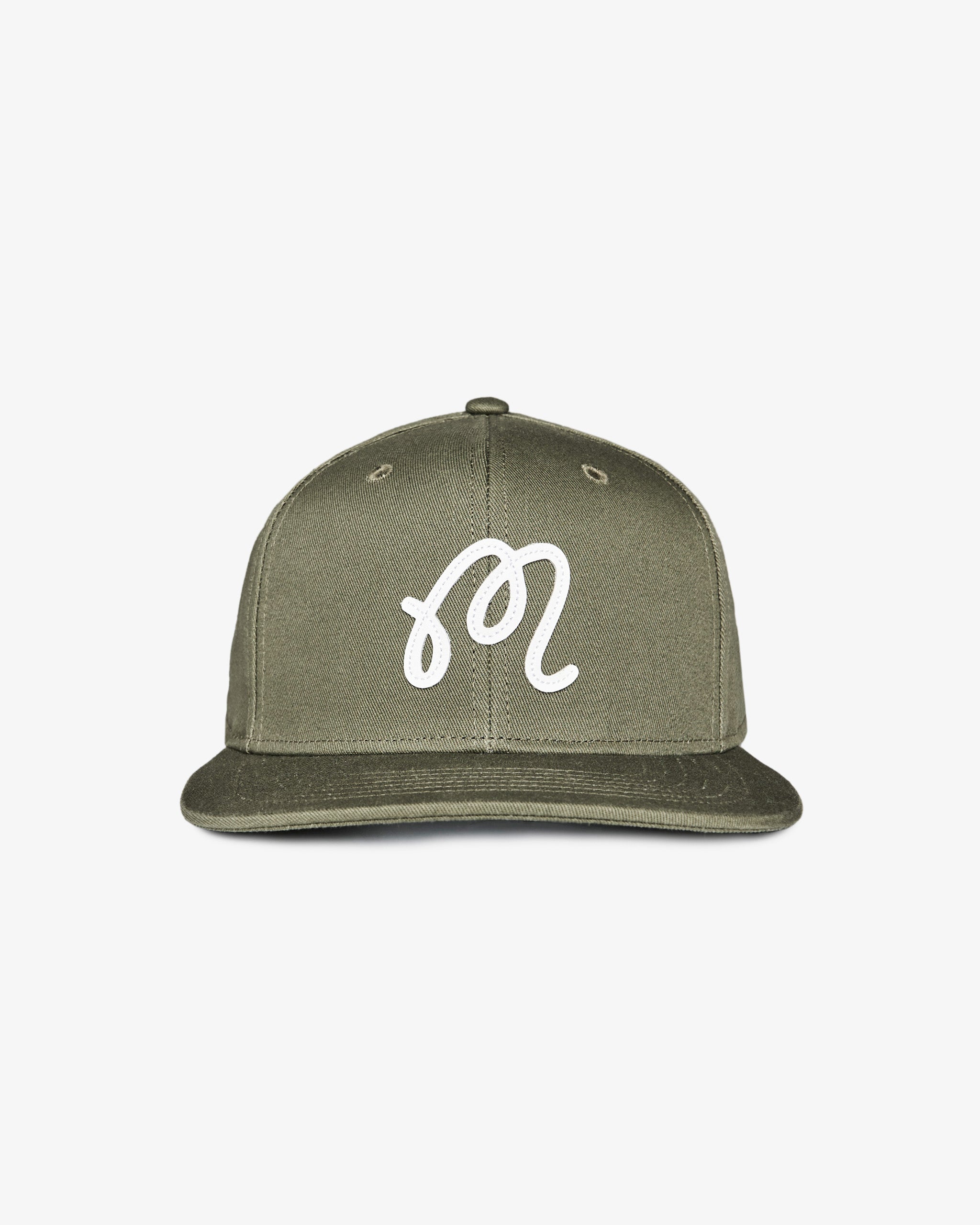 Malbon Golf M Script Snapback in military green, front view — embroidered M-script golf snapback, Gallery Streetwear Canada