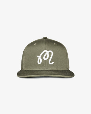 Malbon Golf M Script Snapback in military green, front view — embroidered M-script golf snapback, Gallery Streetwear Canada