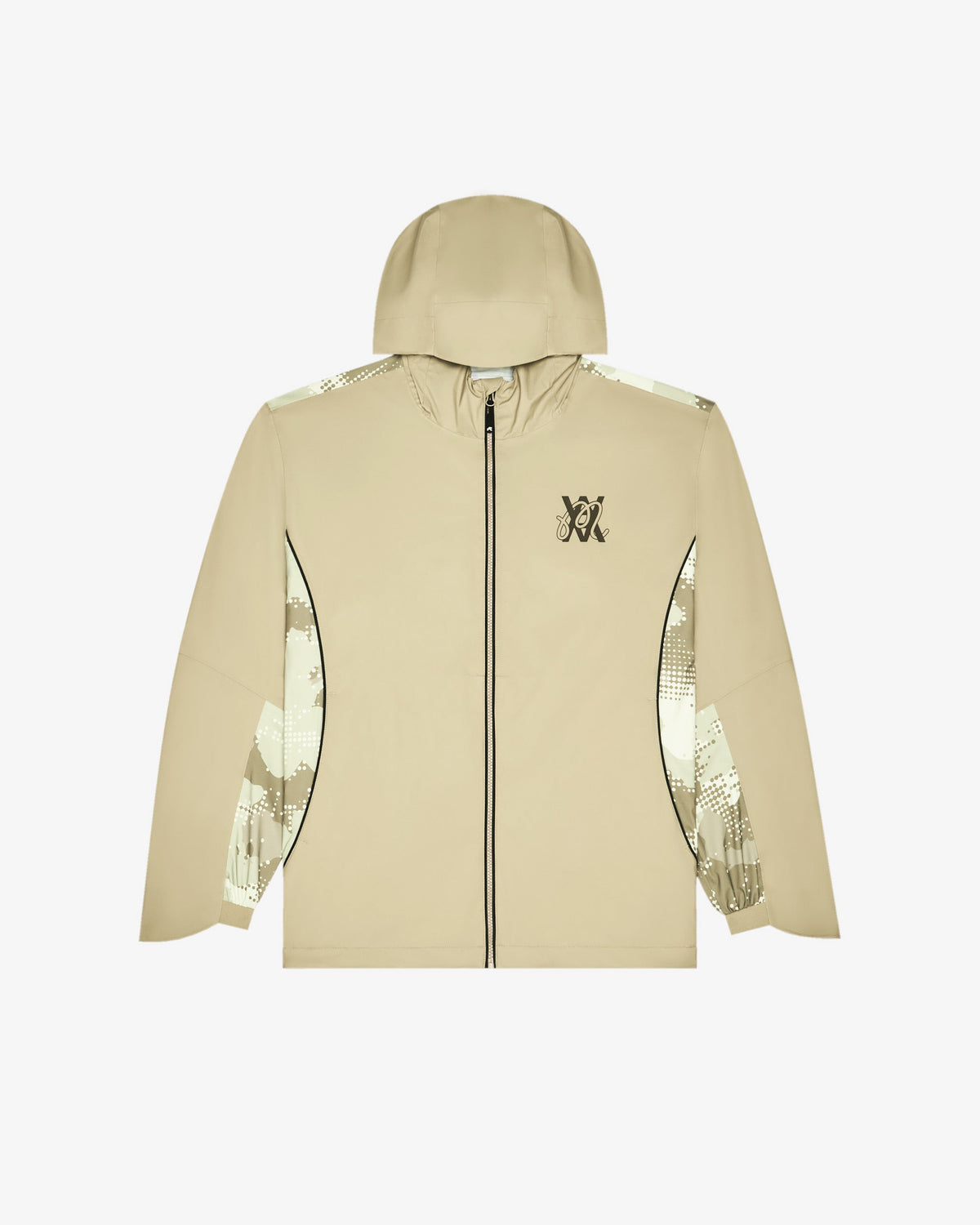 Malbon Golf x Daniel Arsham Cloudburst Rain Jacket – Dune — front view, beige hooded full-zip rain jacket with dotted-camo panels on the sleeves and sides, Gallery Streetwear Canada