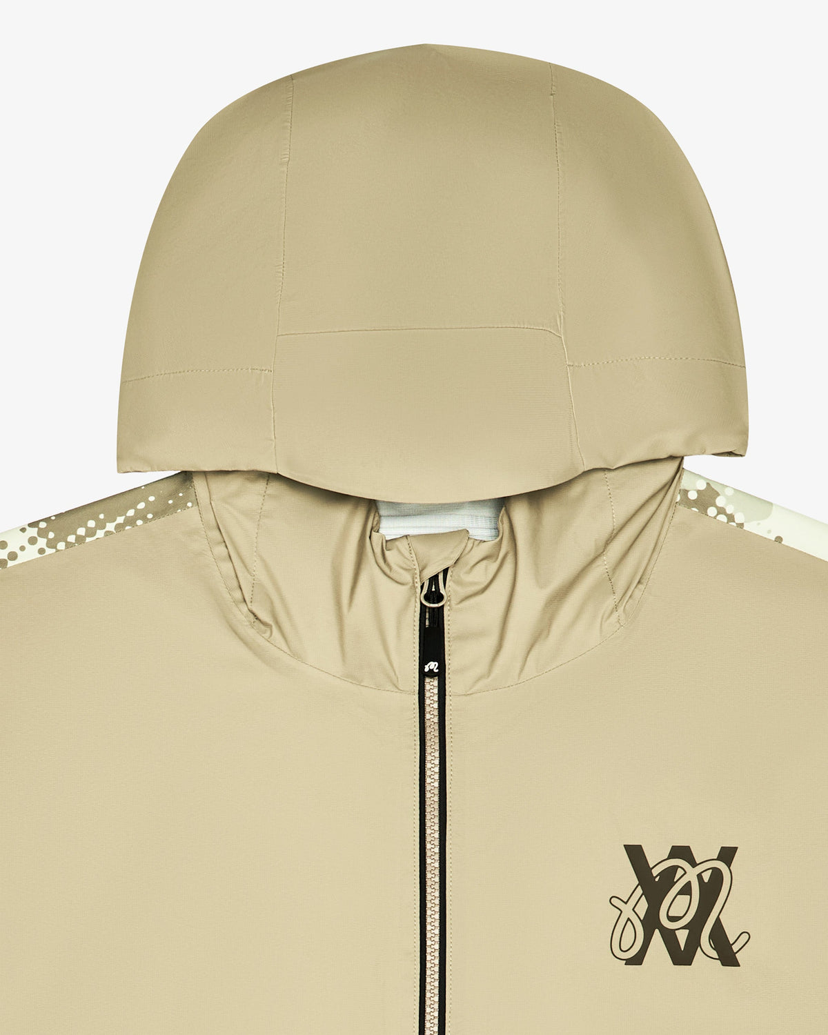 Malbon Golf x Daniel Arsham Cloudburst Rain Jacket – Dune — product view, beige hooded full-zip rain jacket with dotted-camo panels, Gallery Streetwear Canada