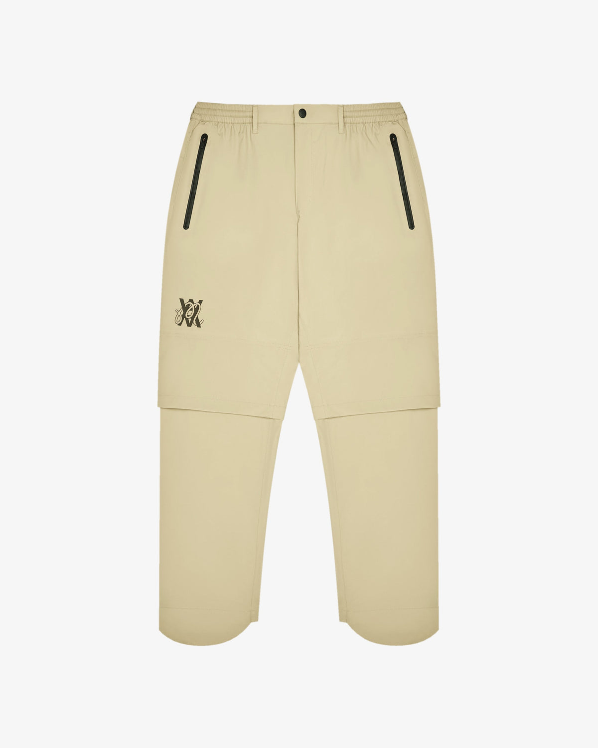 Malbon Golf x Daniel Arsham Flint Stealth Rain Pant – Dune — front view, beige rain pant with convertible zip-off knee detail, Gallery Streetwear Canada