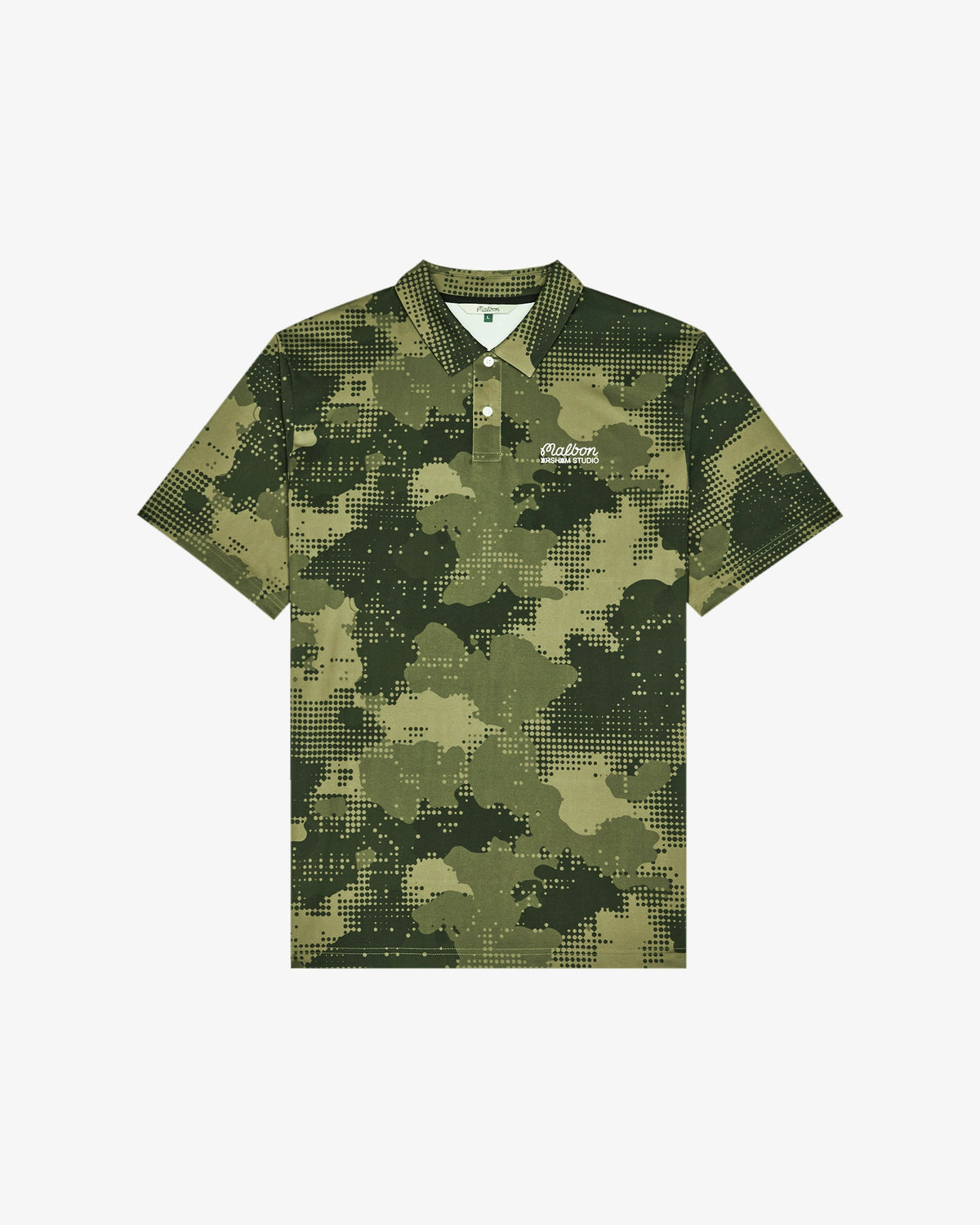 Malbon Golf x Daniel Arsham Fairway Stealth Polo – Olive Stealth Camo — front view, olive dotted-camo golf polo, Gallery Streetwear Canada