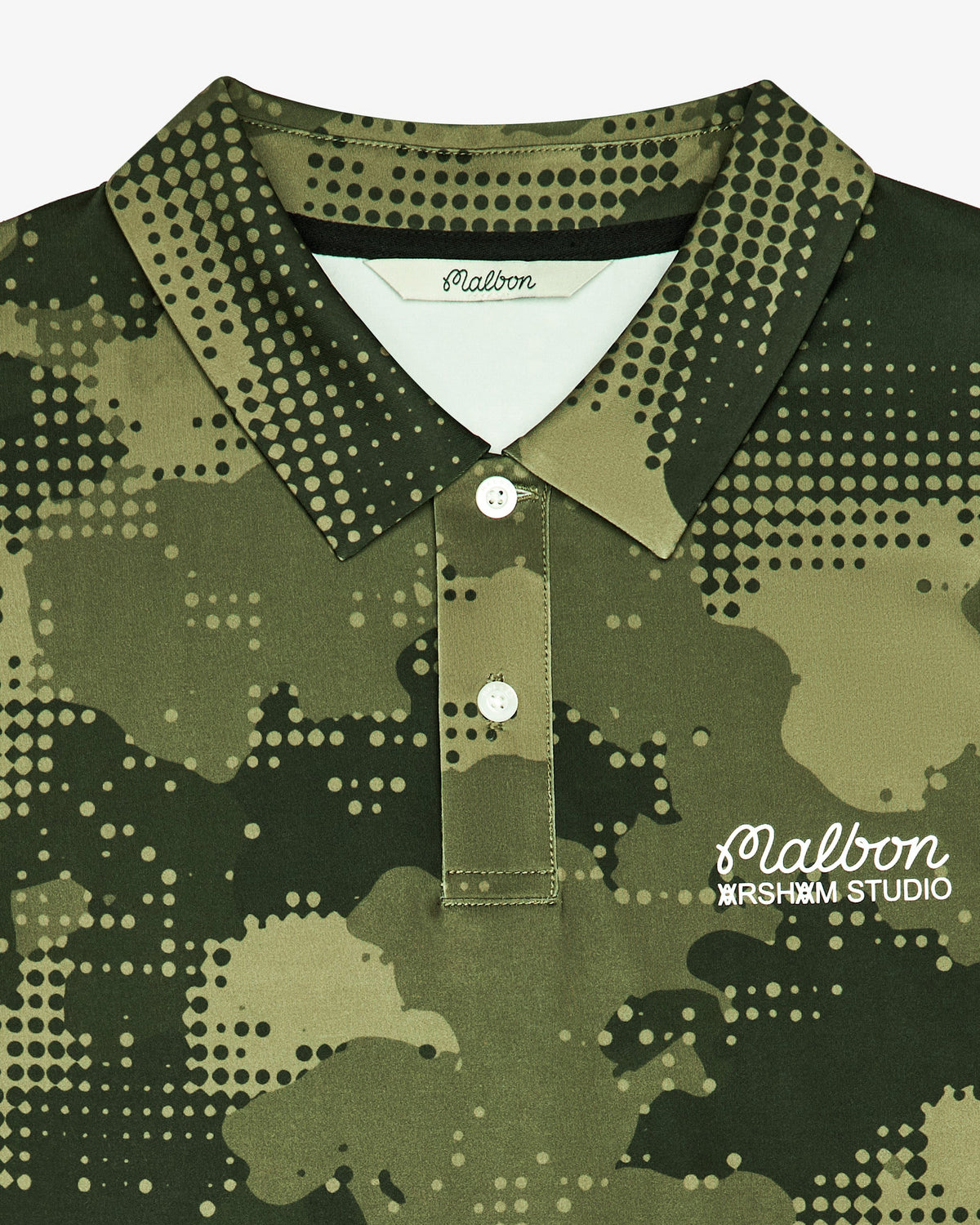 Malbon Golf x Daniel Arsham Fairway Stealth Polo – Olive Stealth Camo — product view, olive dotted-camo golf polo, Gallery Streetwear Canada