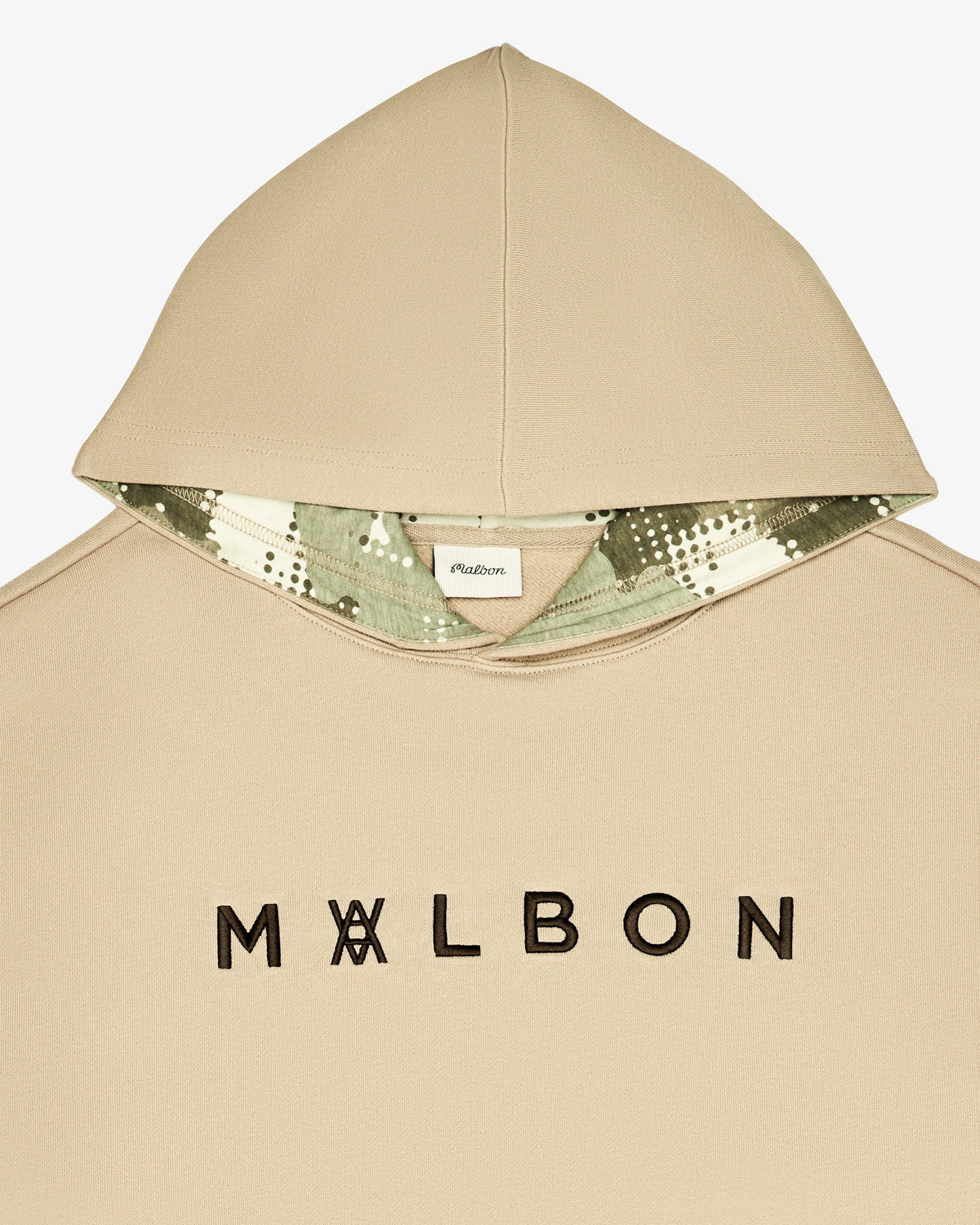 Malbon Golf x Daniel Arsham Shards Hoodie – Dune — product view, beige pullover hoodie with Arsham shards graphic, Gallery Streetwear Canada