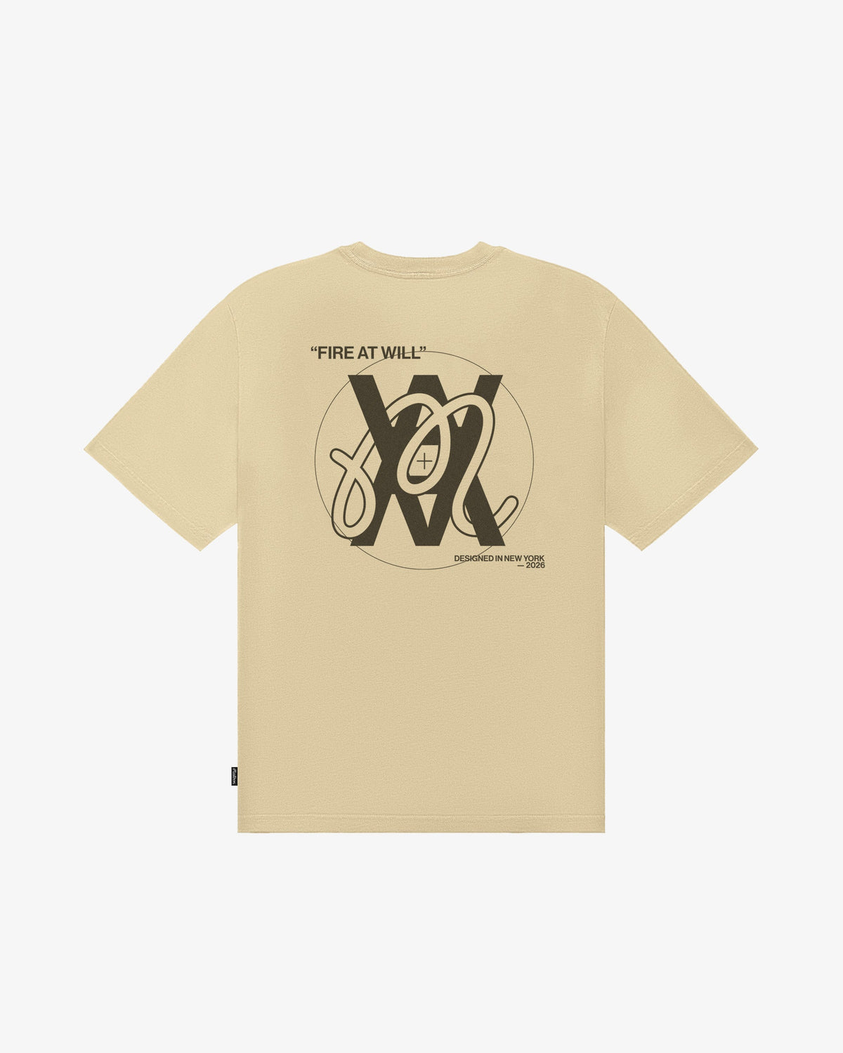 Malbon Golf x Daniel Arsham Bermuda Glyph Tee – Dune — front view, beige cotton tee with Arsham glyph graphic, Gallery Streetwear Canada