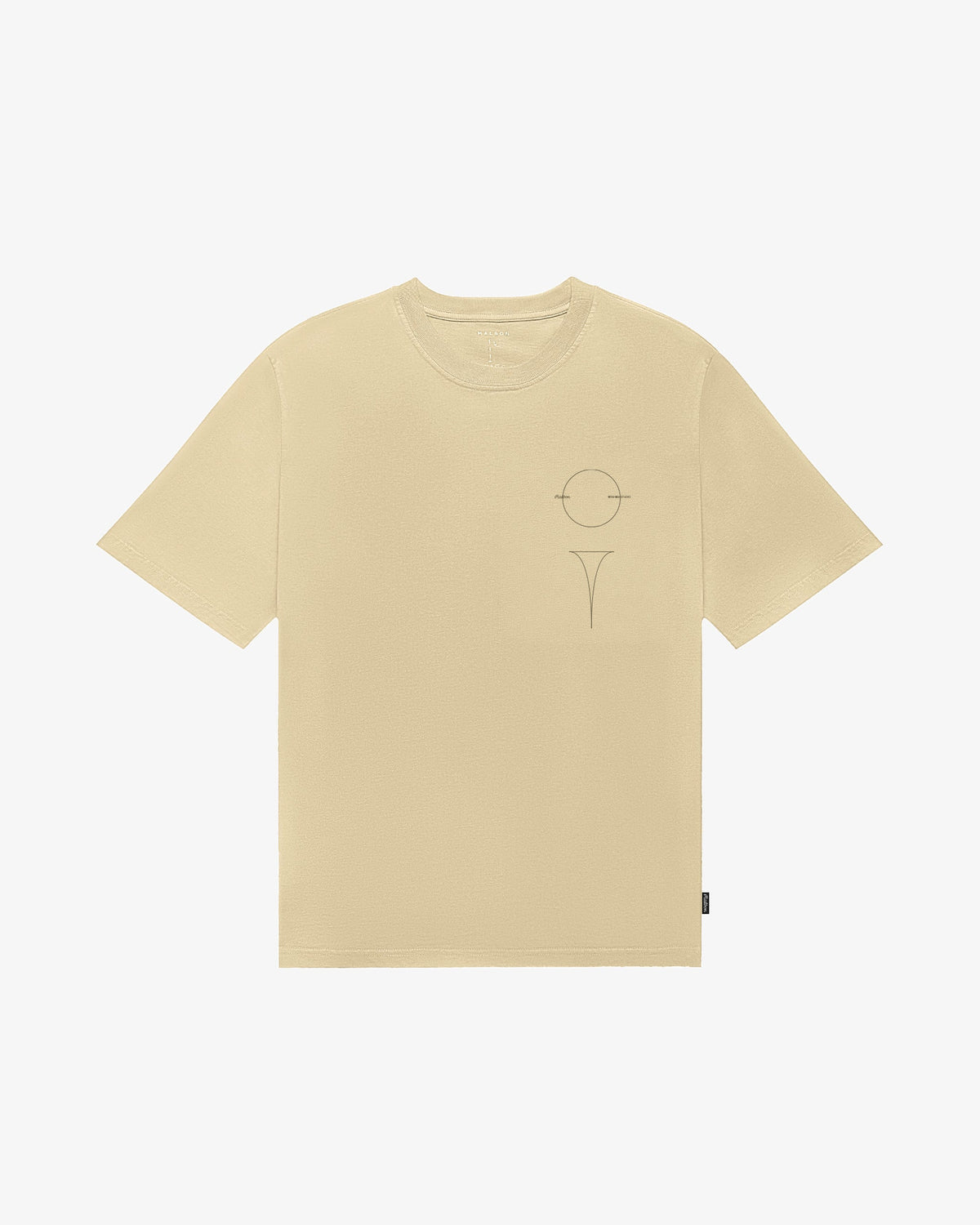 Malbon Golf x Daniel Arsham Bermuda Glyph Tee – Dune — product view, beige cotton tee with Arsham glyph graphic, Gallery Streetwear Canada