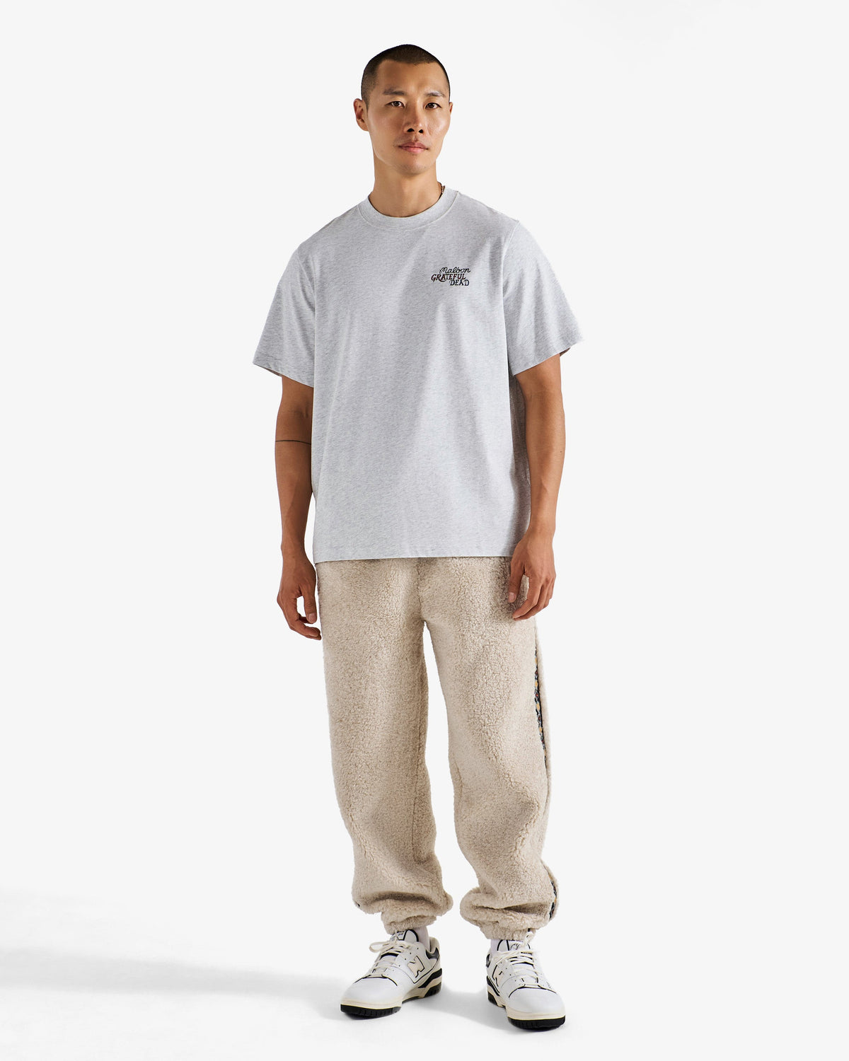 Malbon Golf x Grateful Dead Bermuda Riders Tee in ash heather worn on model