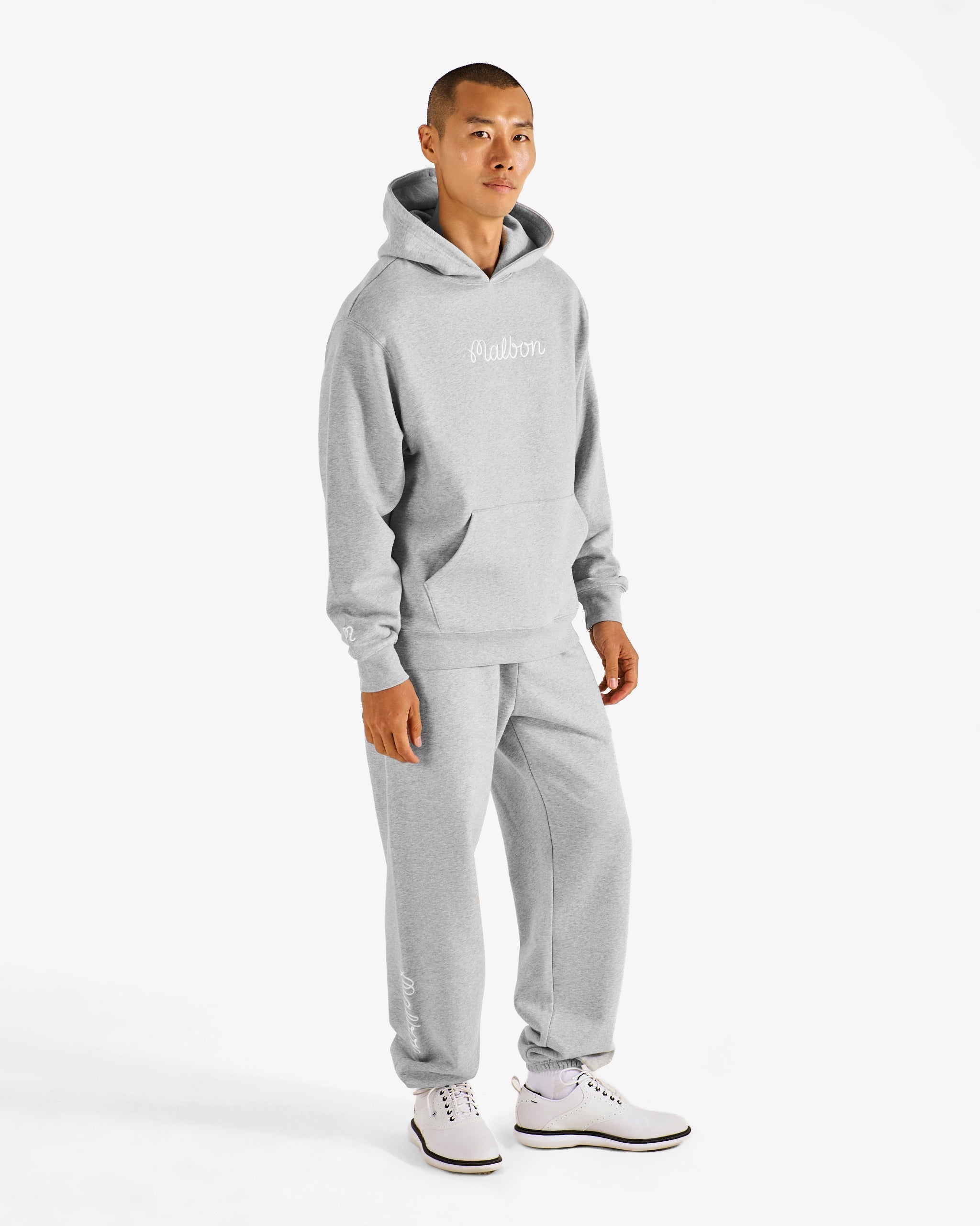 Malbon Golf Fesque Hoodie heather grey — kangaroo pocket and ribbed hem