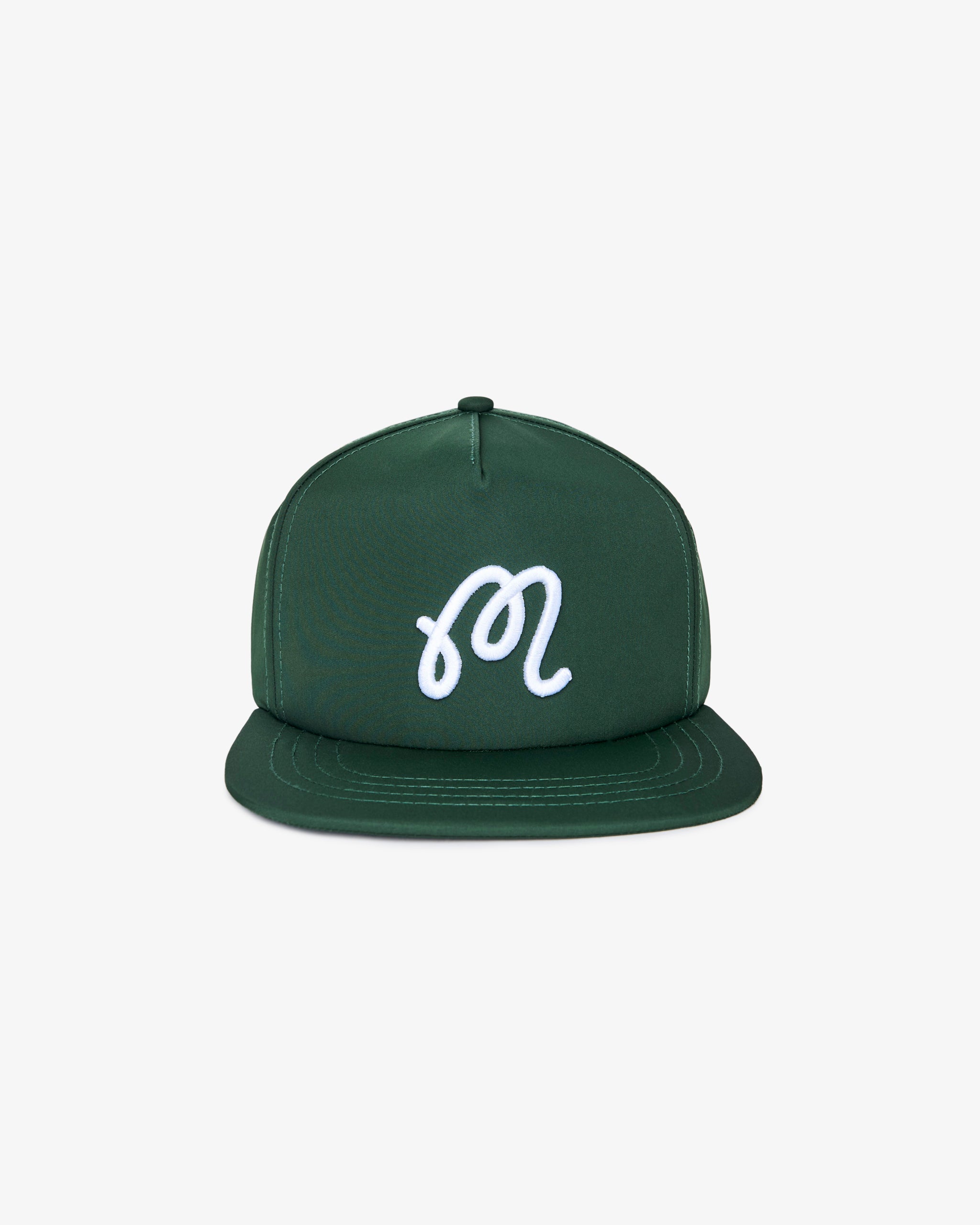 Malbon Golf M Snapback Hat in forest green, front view with embroidered M-script